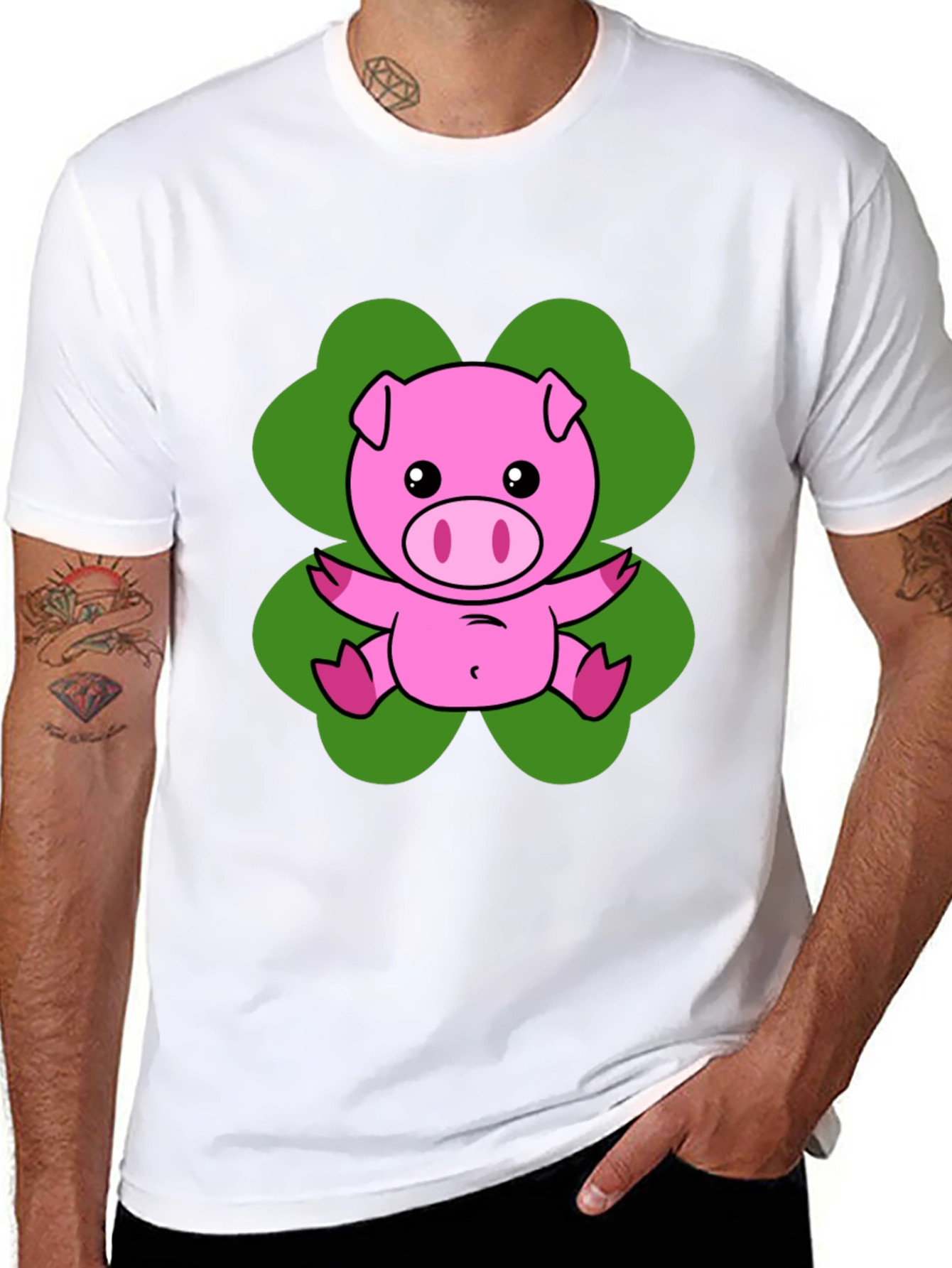 Lucky Pig T-Shirt - Cute Cartoon Pig on Clover