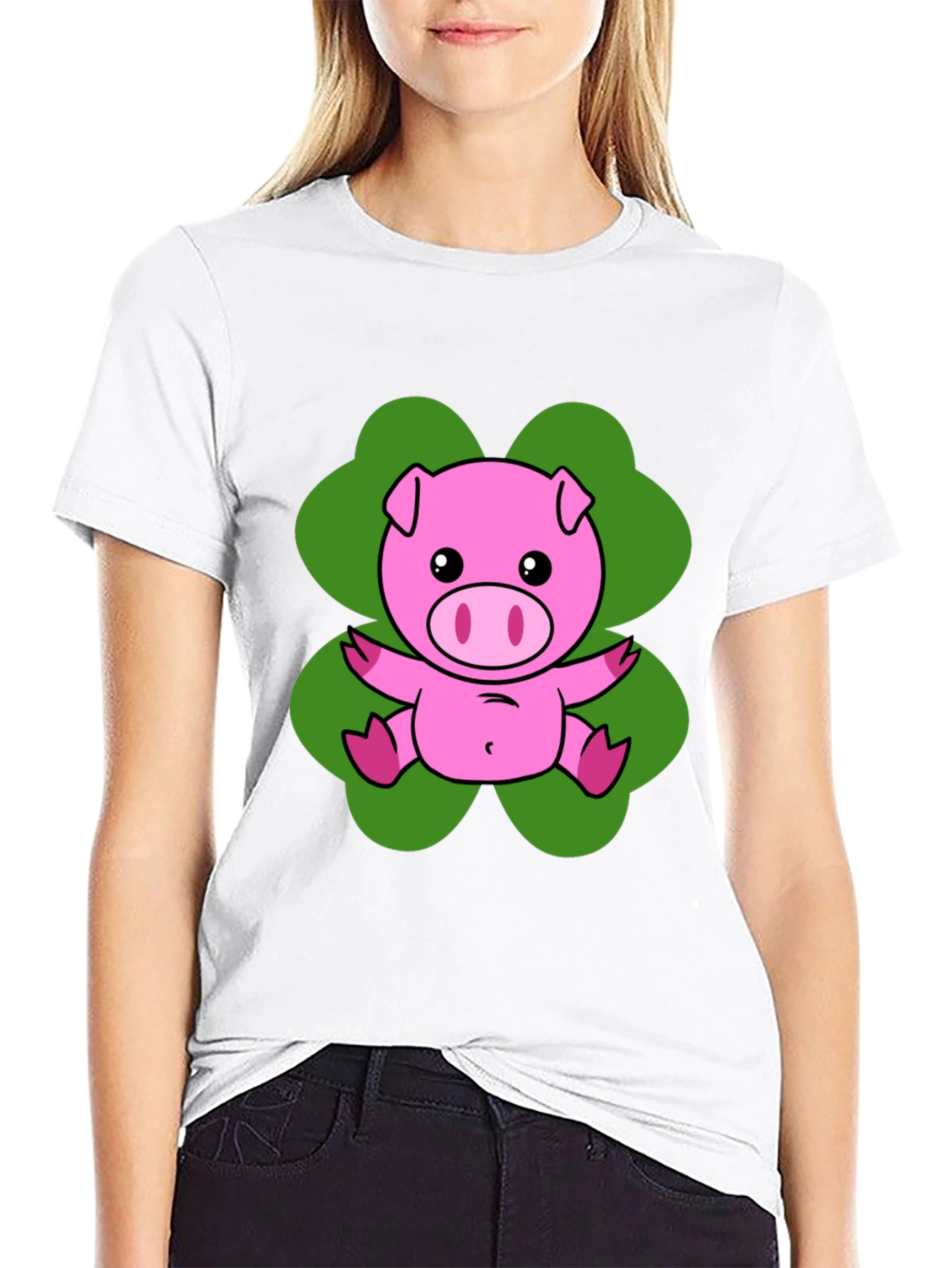 Lucky Pig T-Shirt - Cute Cartoon Pig on Clover