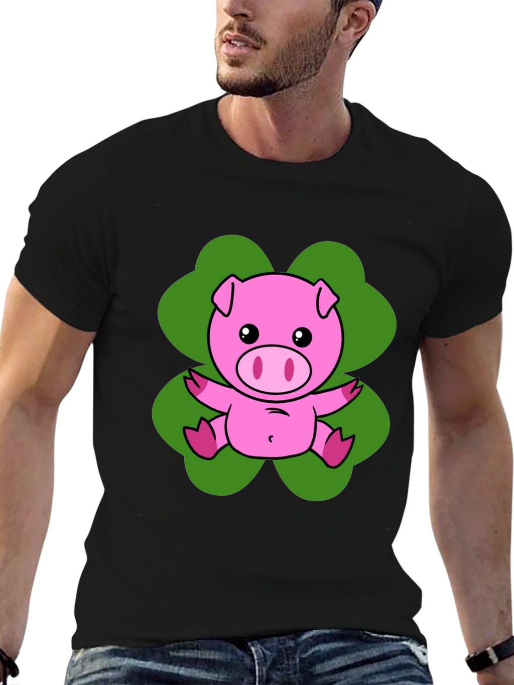 Lucky Pig T-Shirt - Cute Cartoon Pig on Clover