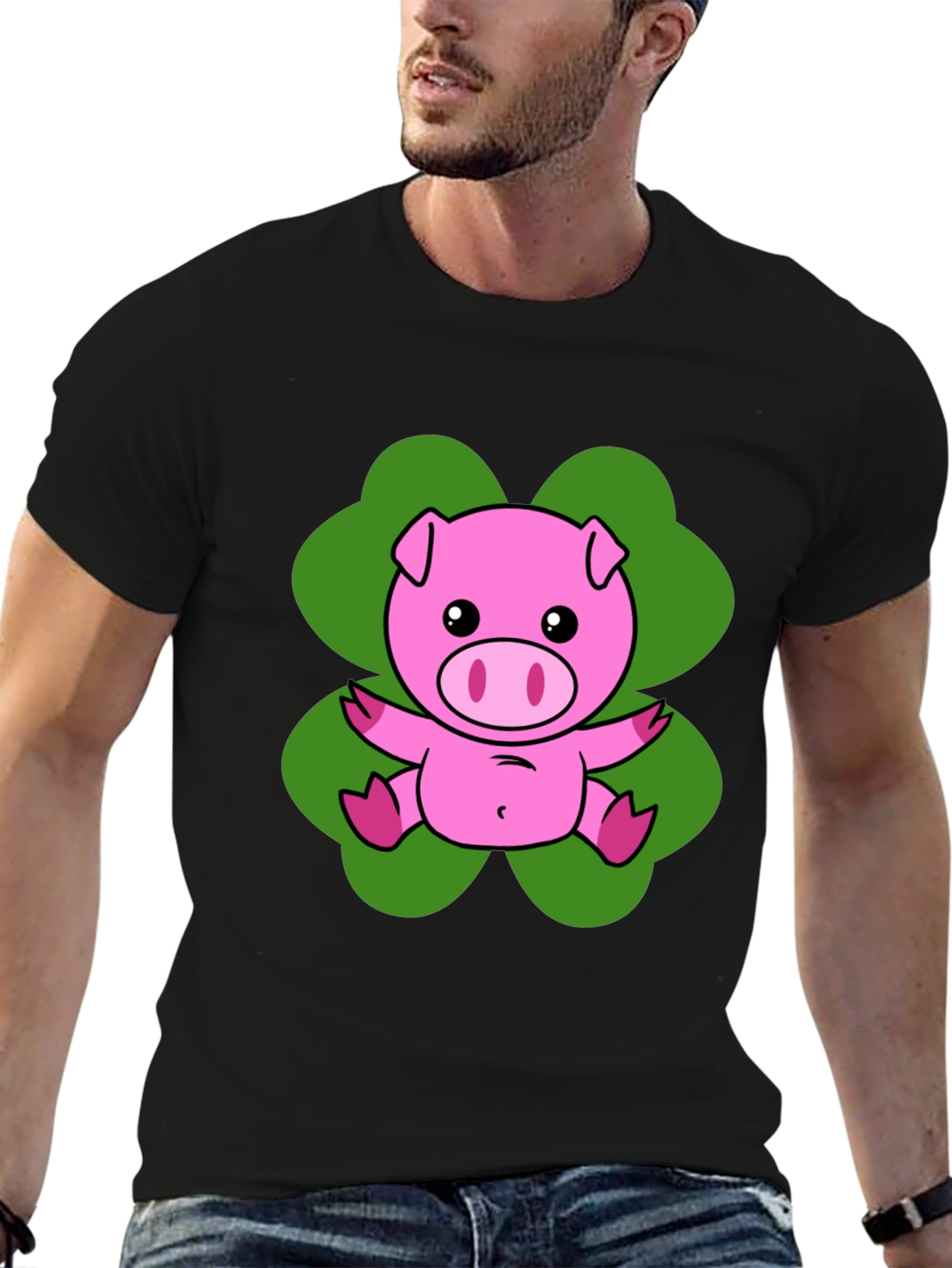 Lucky Pig T-Shirt - Cute Cartoon Pig on Clover