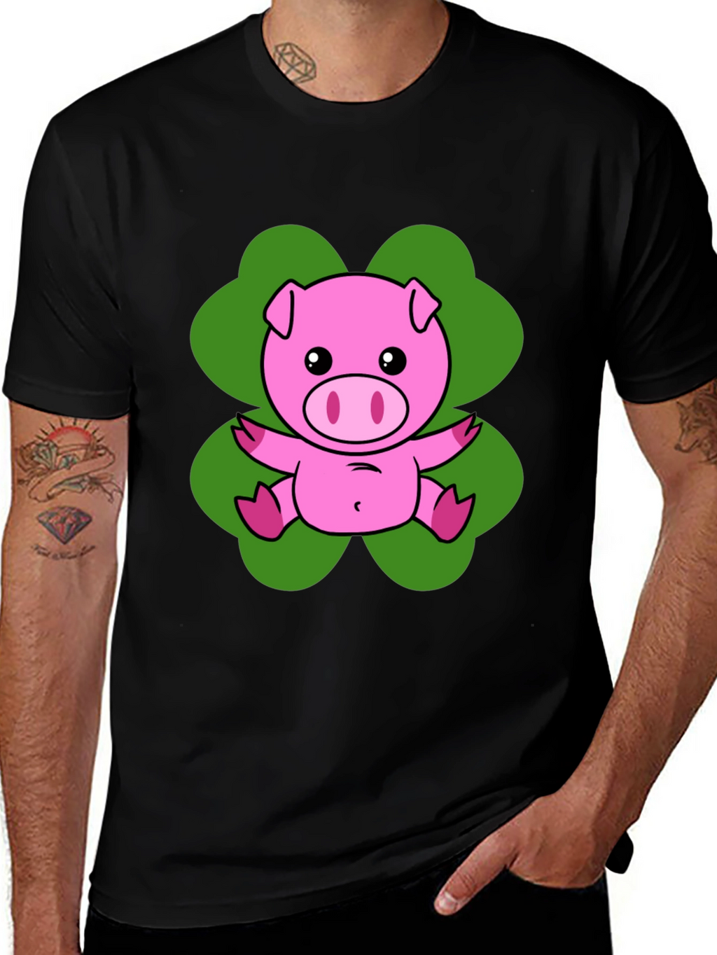 Lucky Pig T-Shirt - Cute Cartoon Pig on Clover