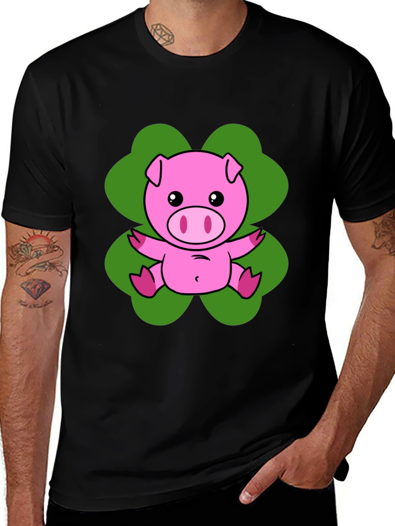 Lucky Pig T-Shirt - Cute Cartoon Pig on Clover