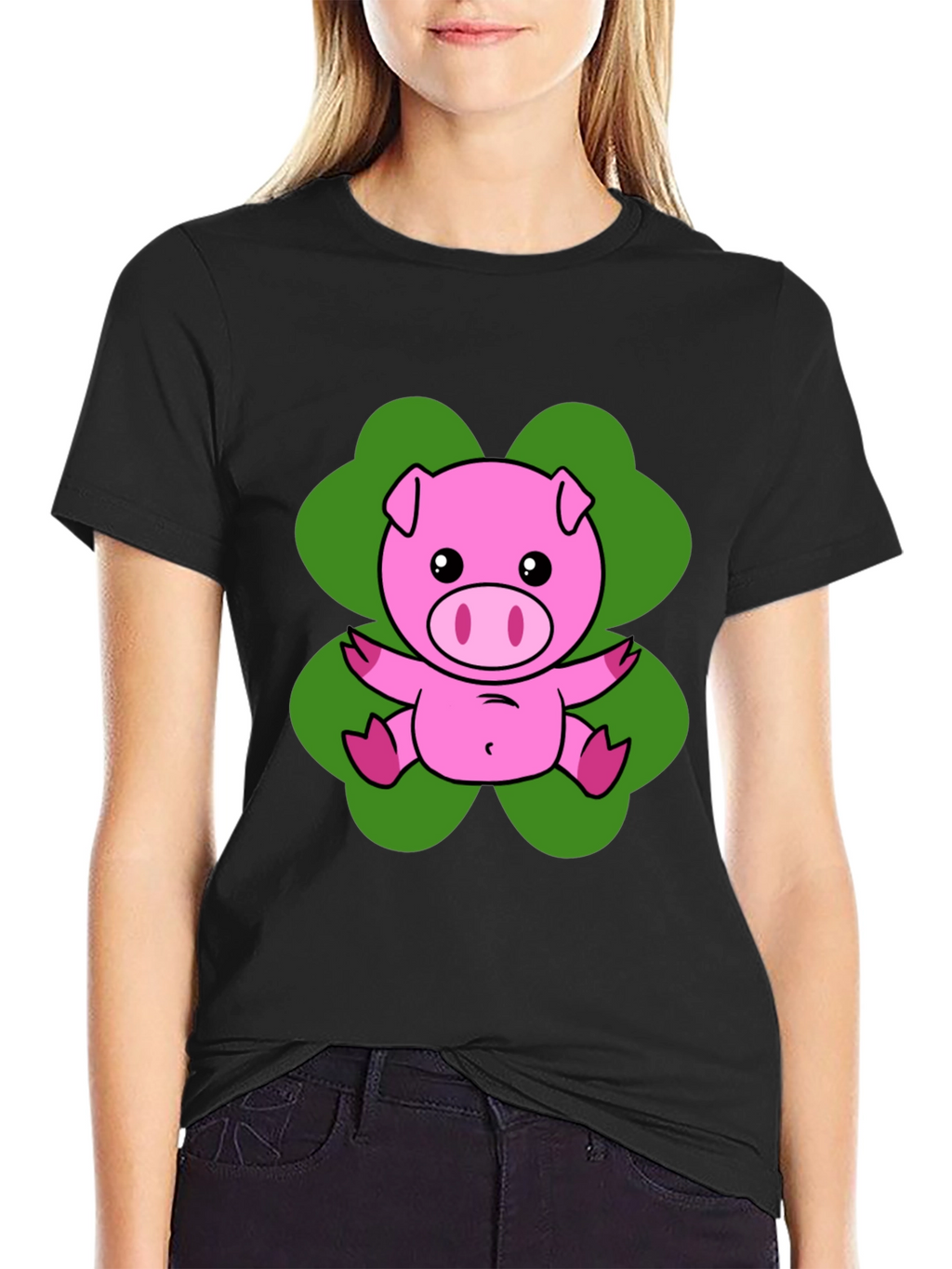 Lucky Pig T-Shirt - Cute Cartoon Pig on Clover
