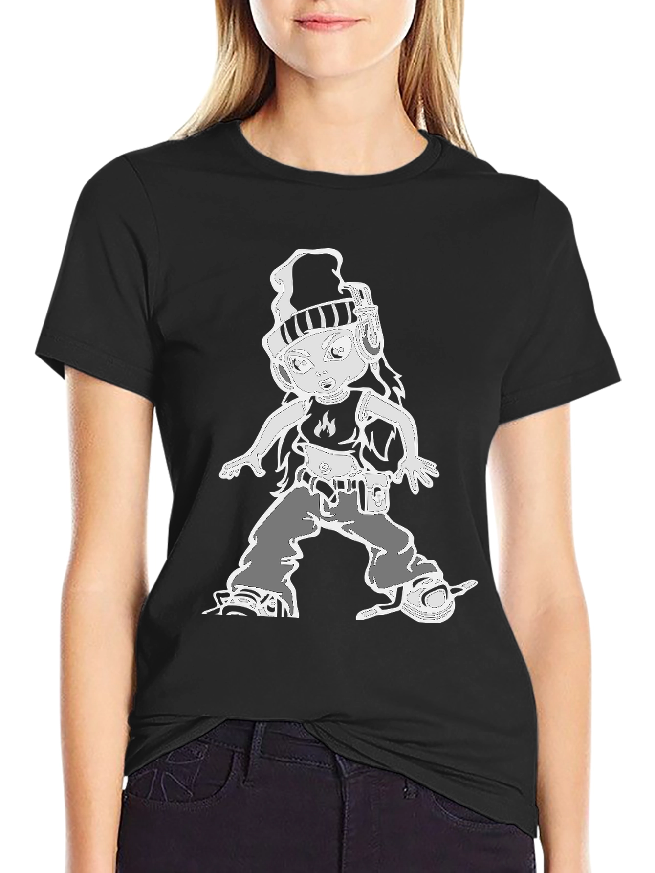 Cartoon Character Graphic Tee - Black