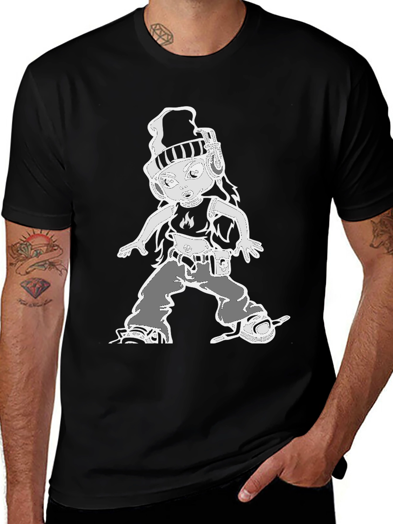 Cartoon Character Graphic Tee - Black