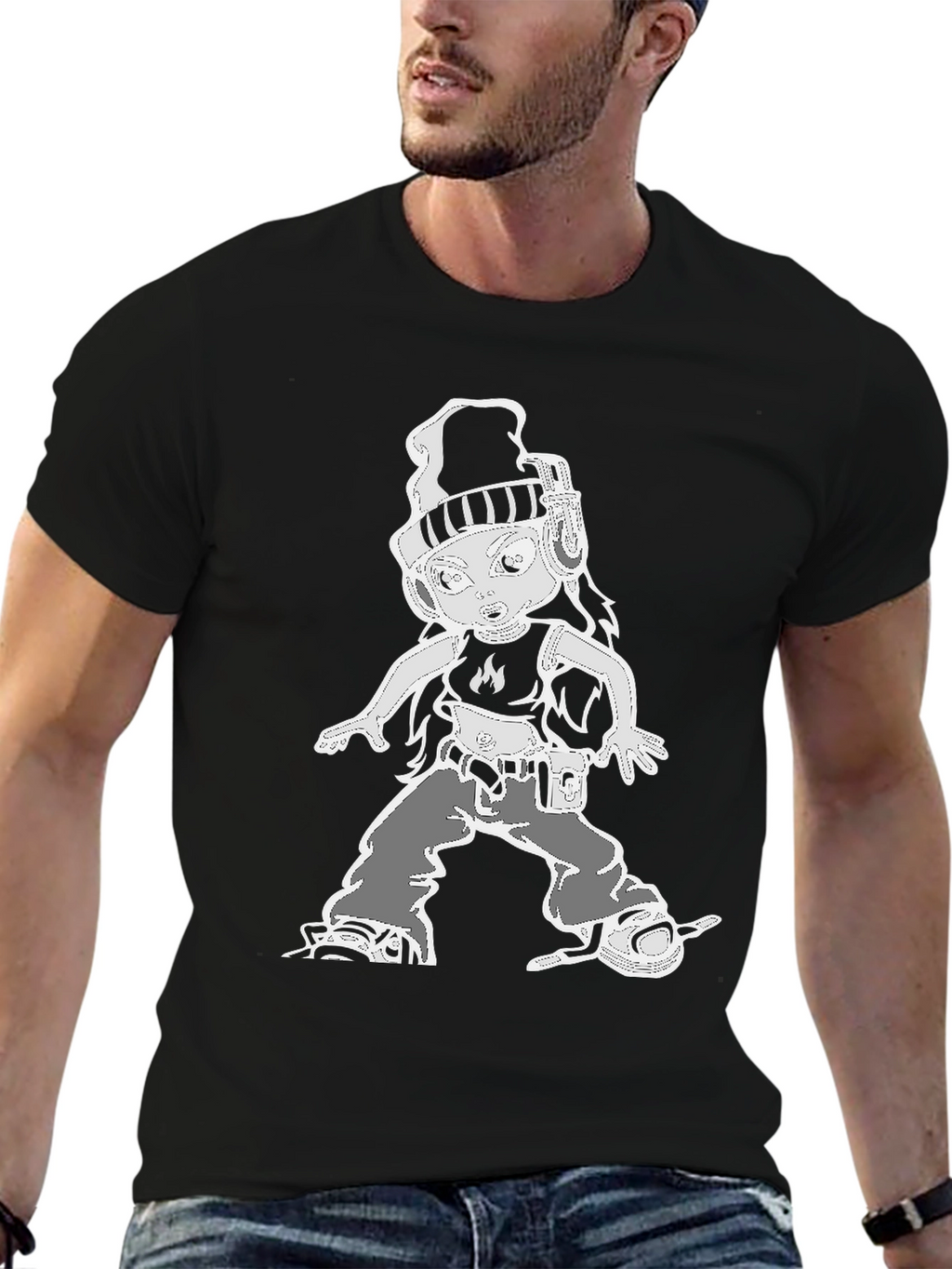 Cartoon Character Graphic Tee - Black