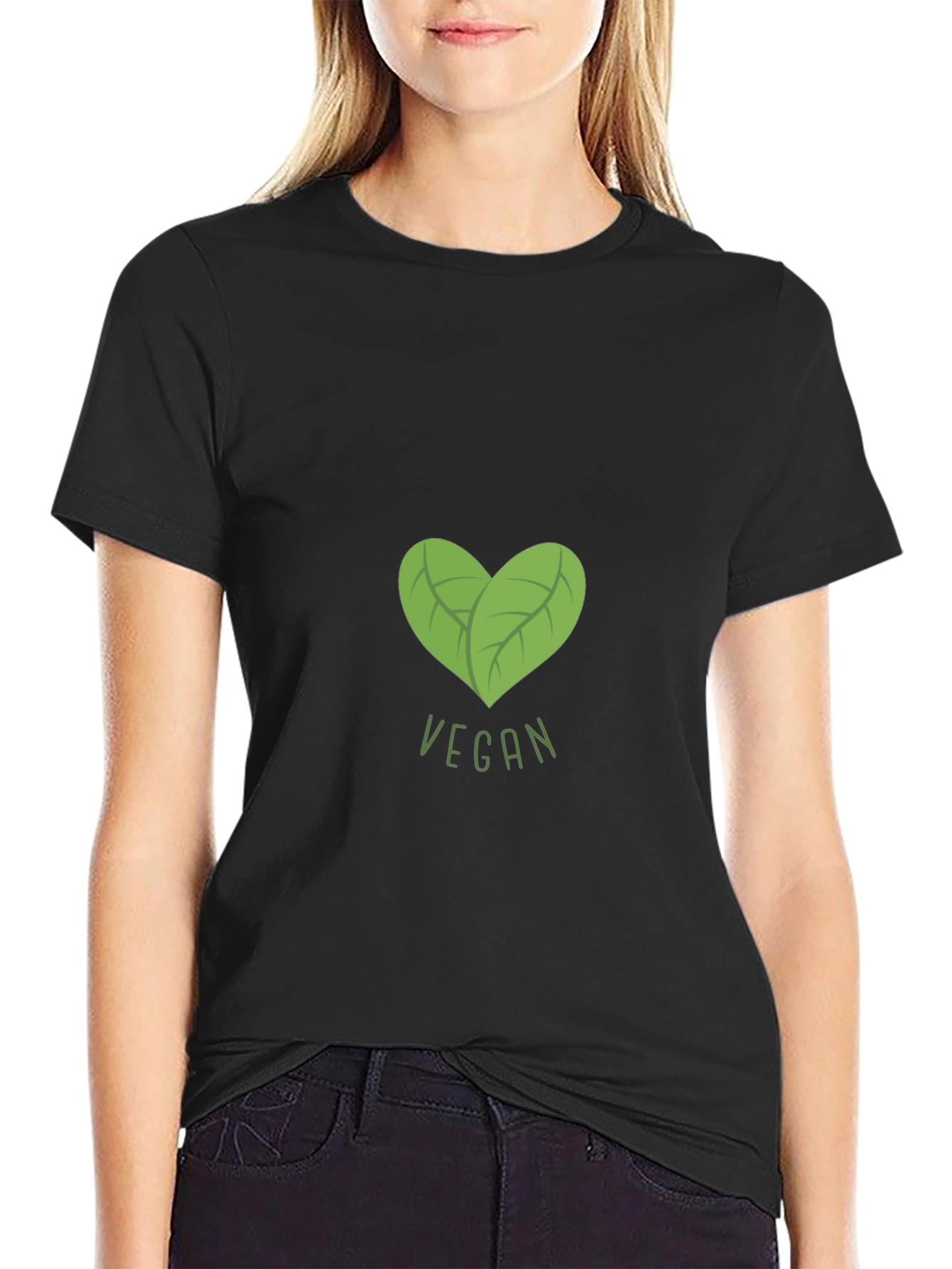 Vegan Heart Leaf Graphic Black T-Shirt