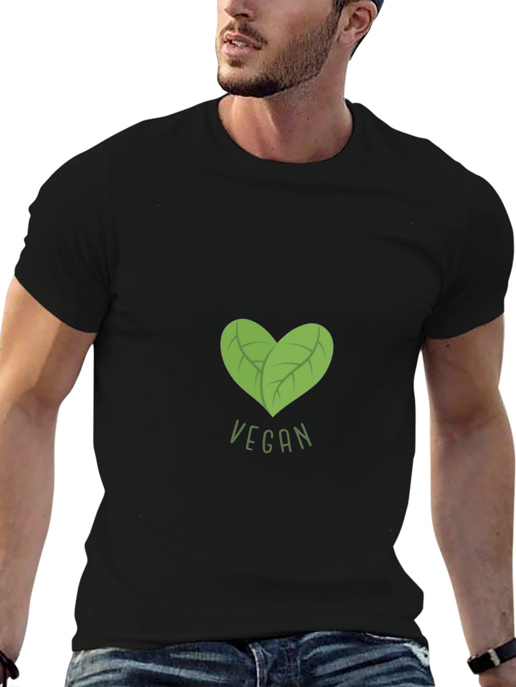 Vegan Heart Leaf Graphic Black T-Shirt