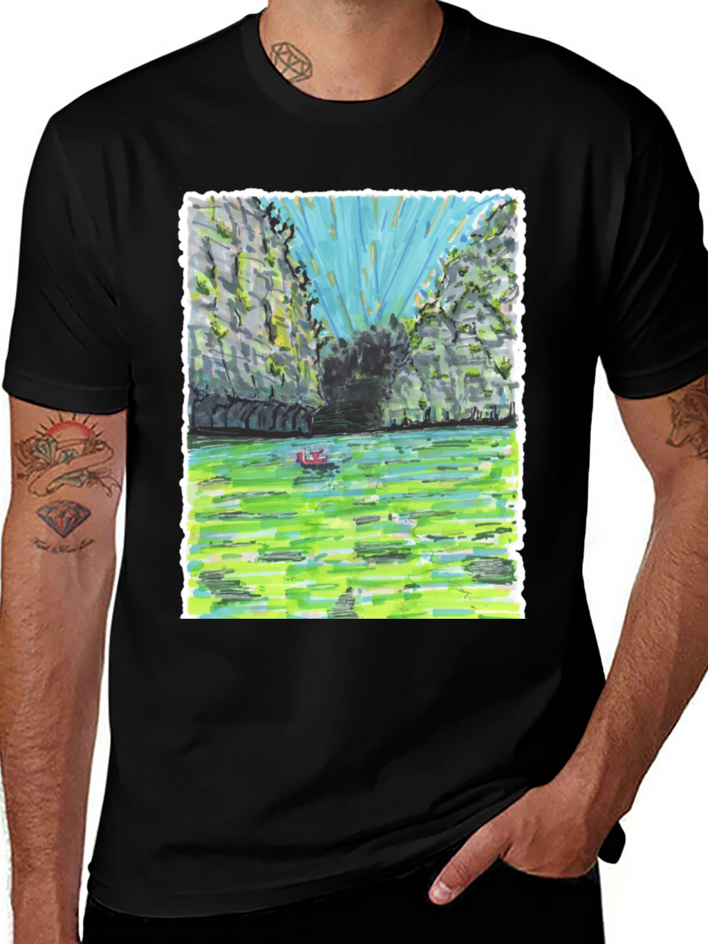 Unique T-Shirt with Hand-Drawn Landscape Design