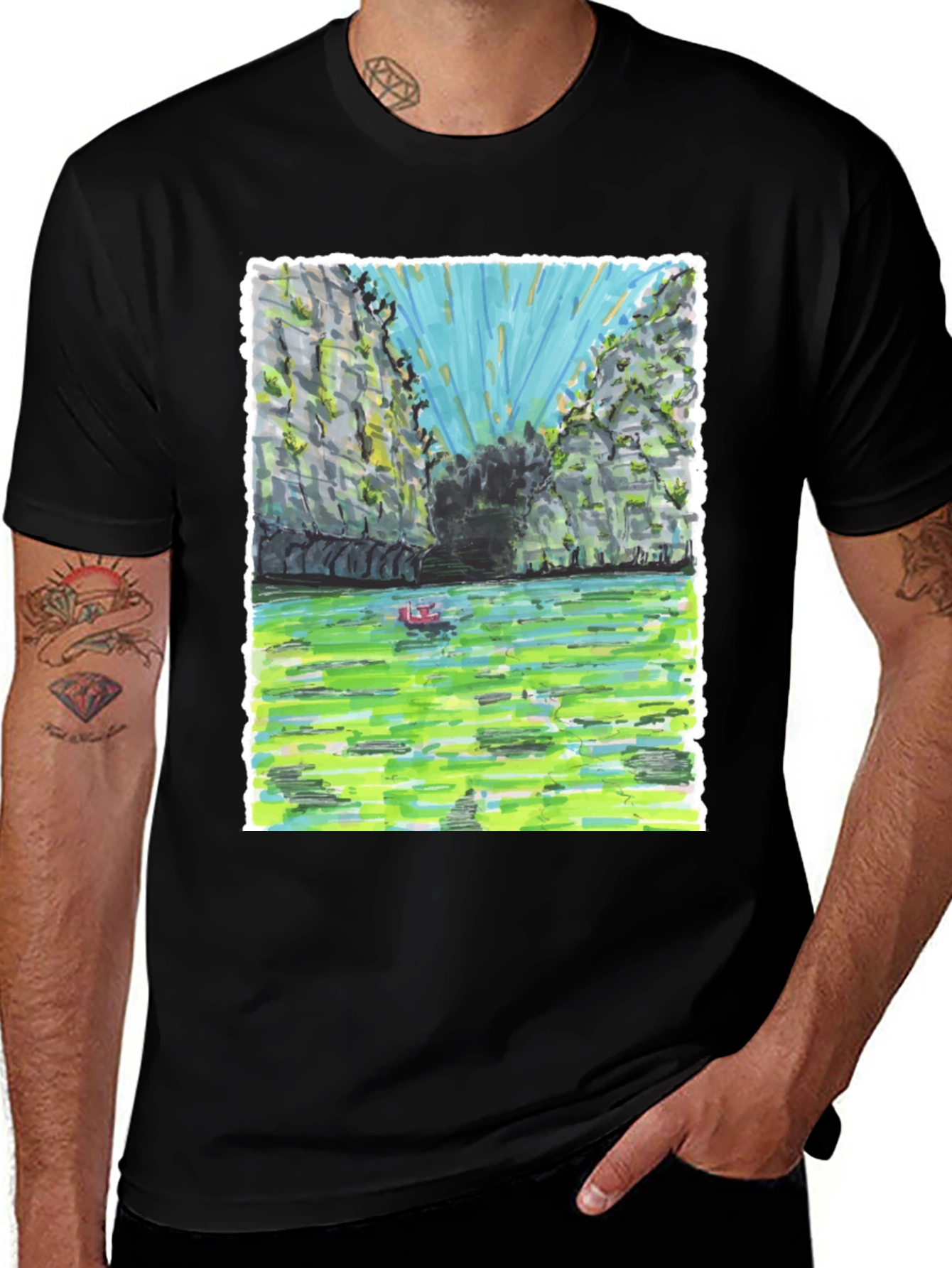 Unique T-Shirt with Hand-Drawn Landscape Design