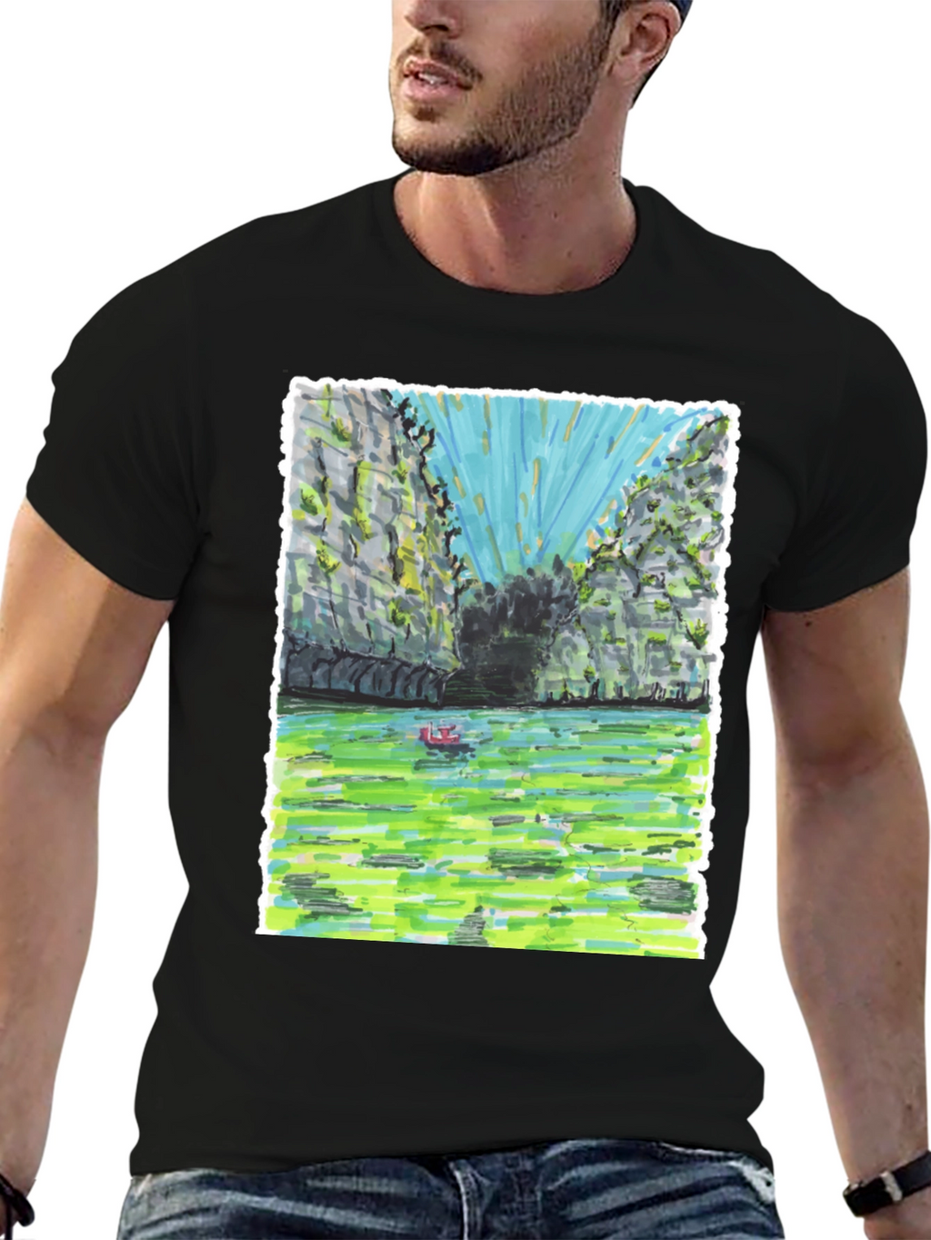 Unique T-Shirt with Hand-Drawn Landscape Design