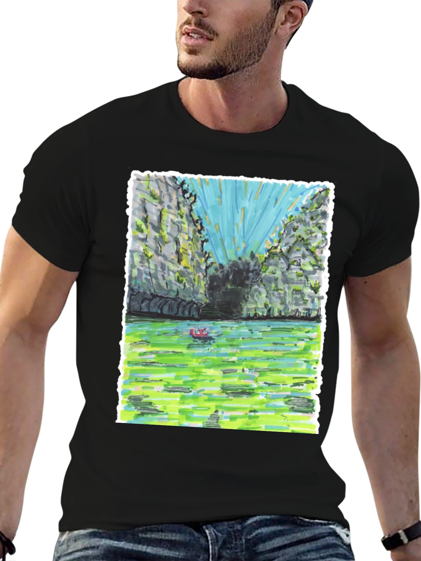 Unique T-Shirt with Hand-Drawn Landscape Design