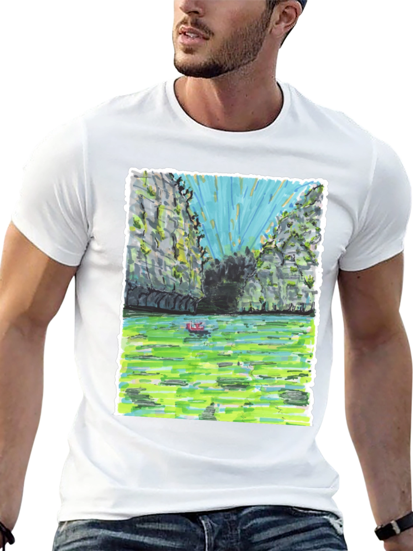 Unique T-Shirt with Hand-Drawn Landscape Design
