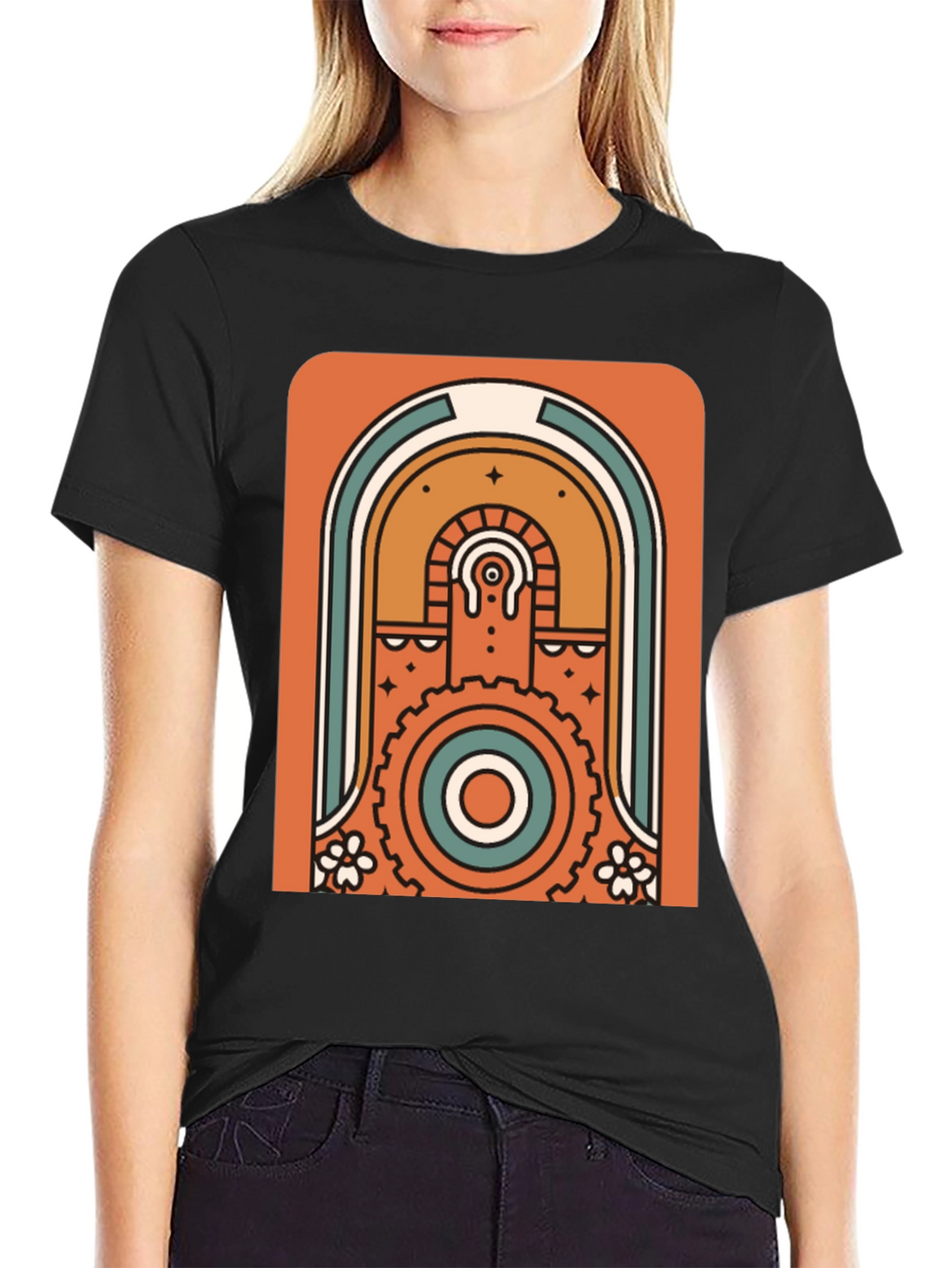 Retro Geometric Graphic T-Shirt - Black