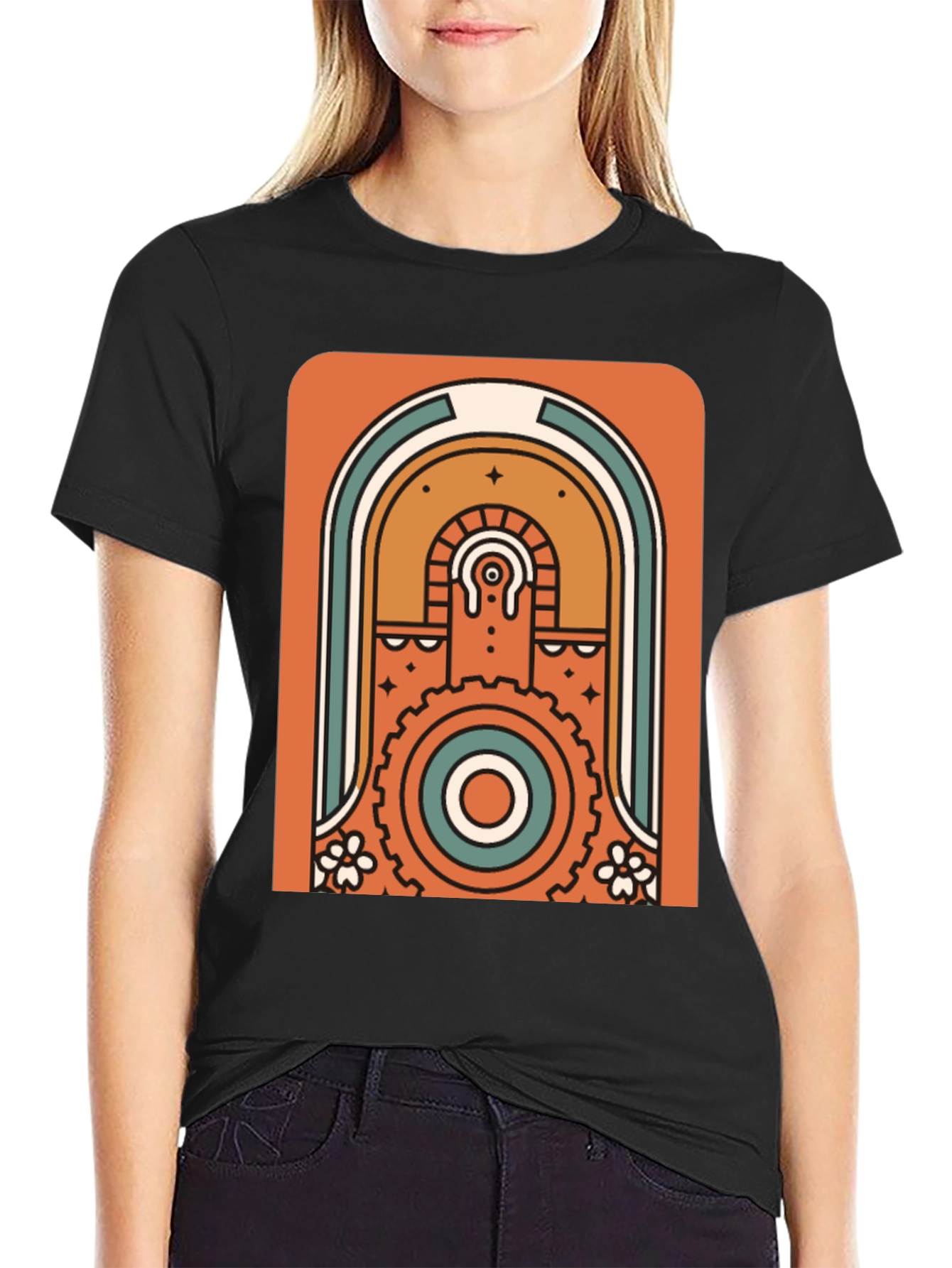 Retro Geometric Graphic T-Shirt - Black