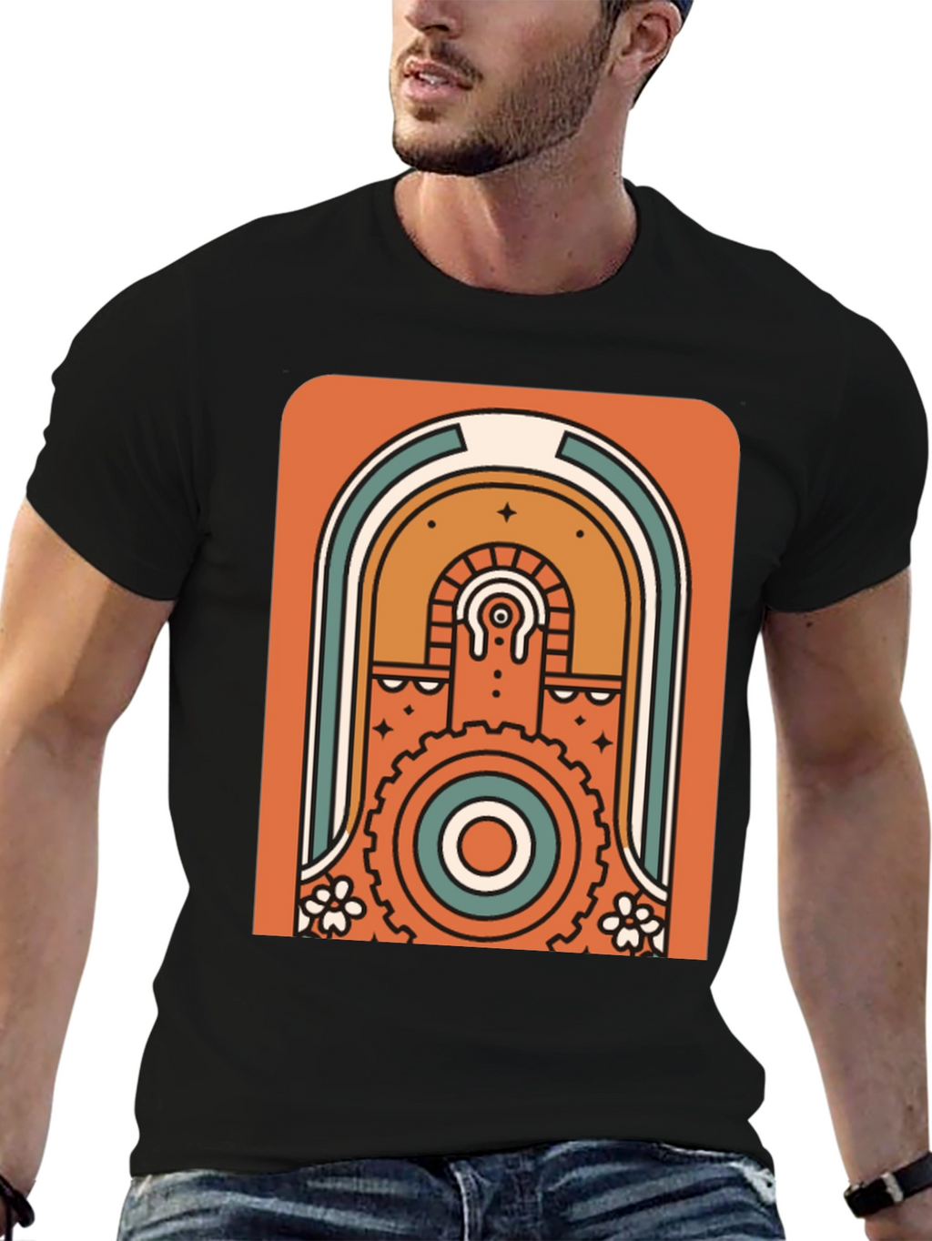 Retro Geometric Graphic T-Shirt - Black