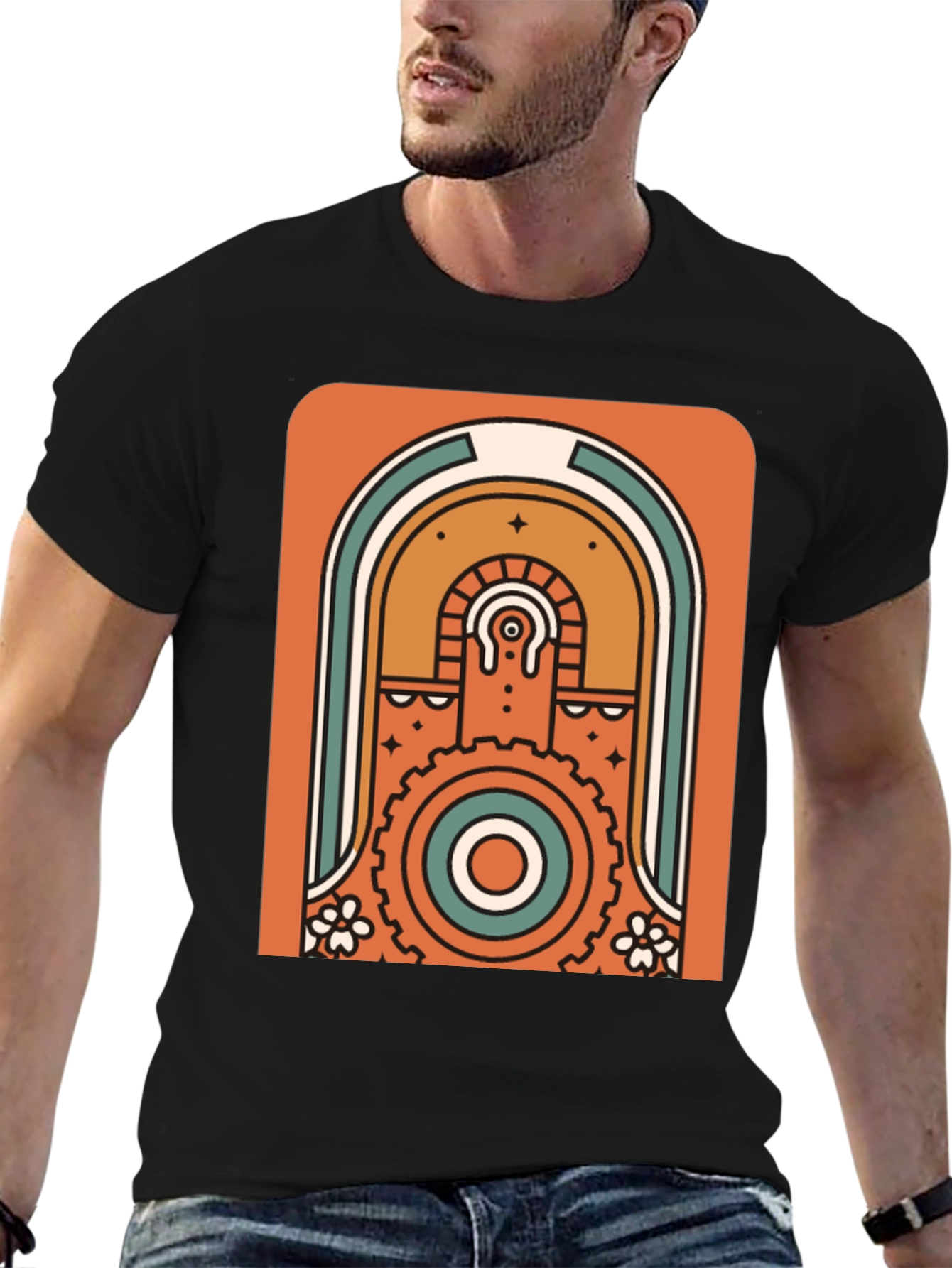 Retro Geometric Graphic T-Shirt - Black