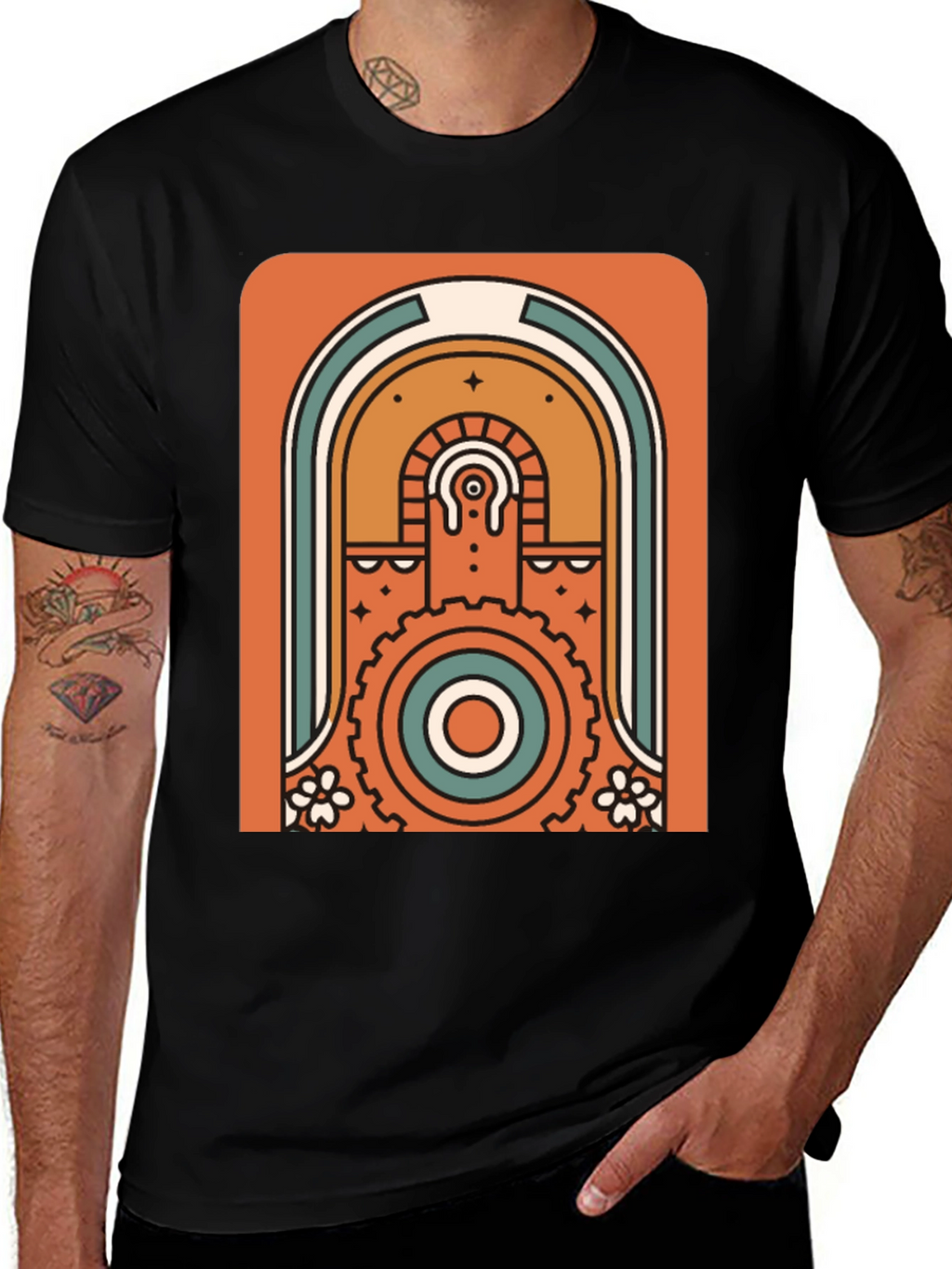 Retro Geometric Graphic T-Shirt - Black