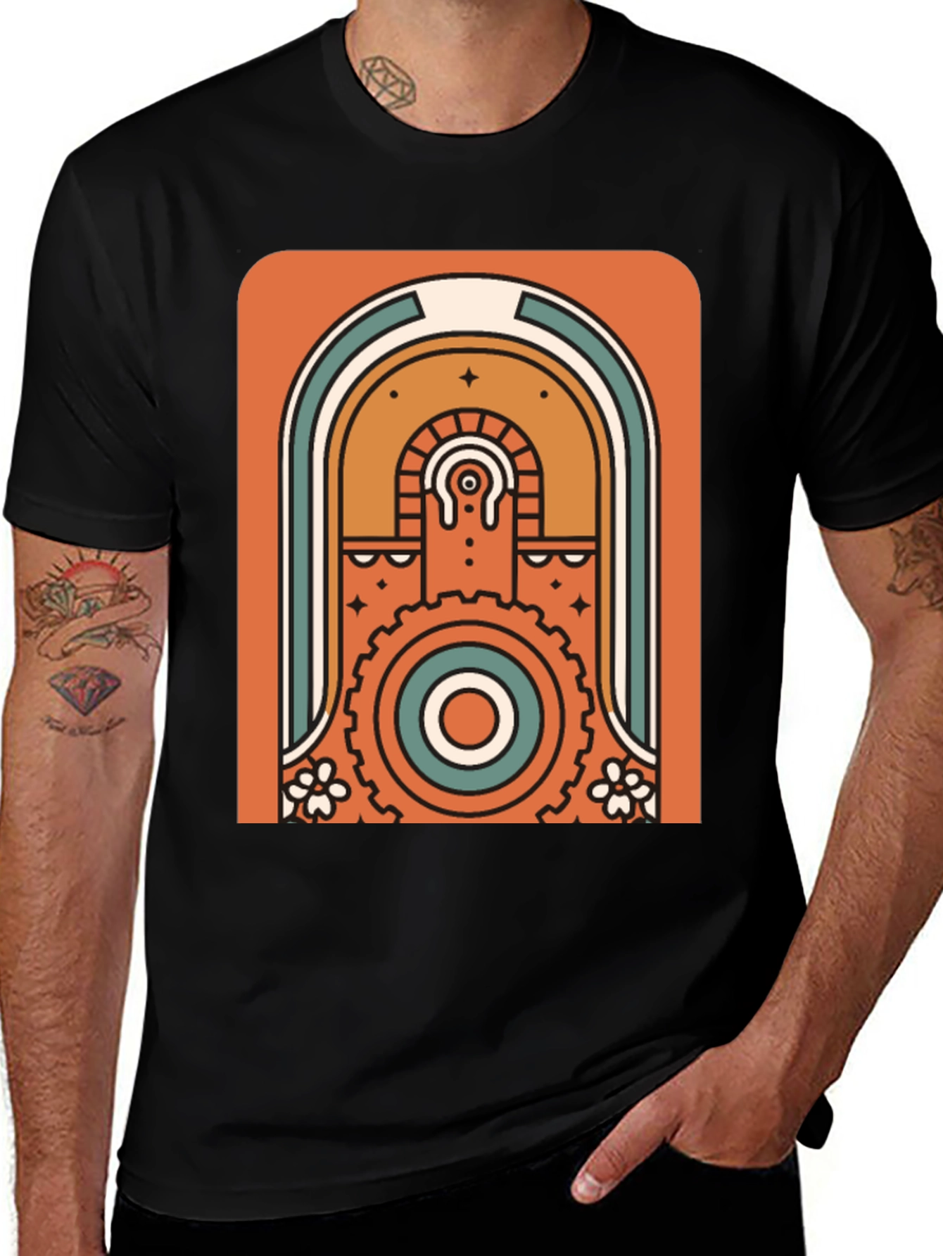 Retro Geometric Graphic T-Shirt - Black