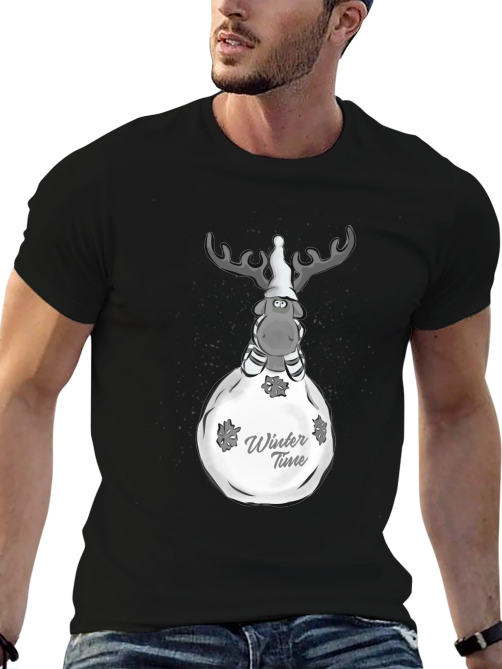 Winter Time Reindeer Graphic Tee - Black