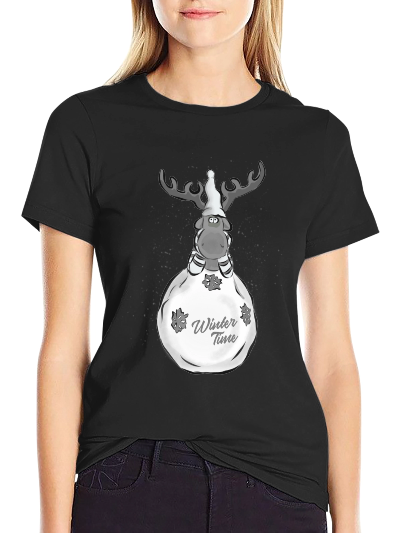 Winter Time Reindeer Graphic Tee - Black