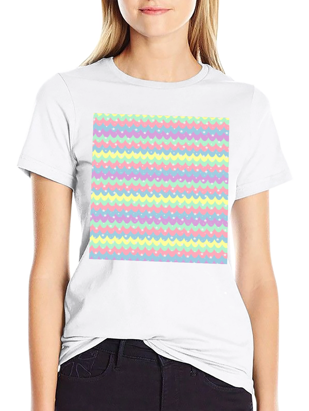 Pastel Waves & Stars Black Tee