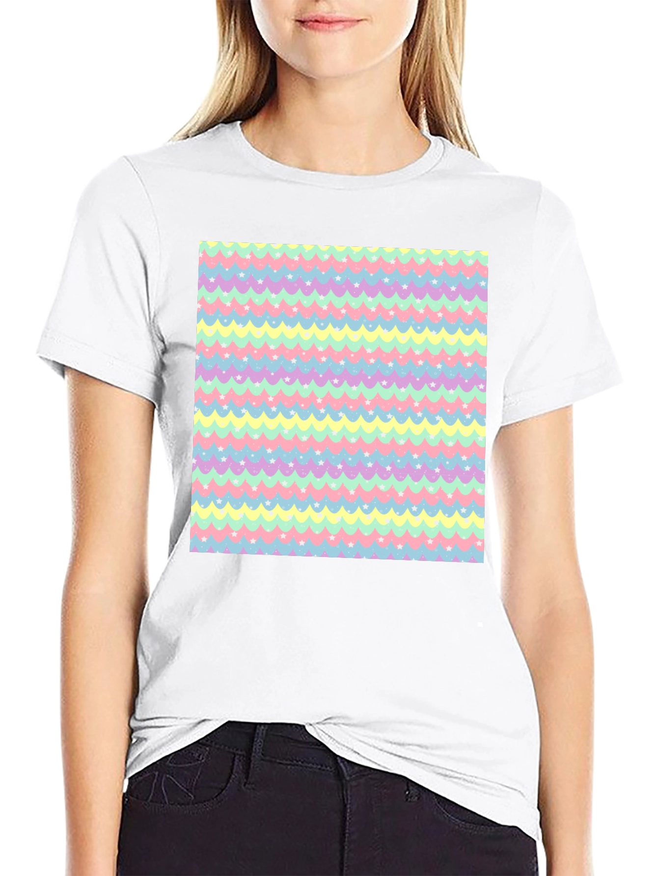 Pastel Waves & Stars Black Tee