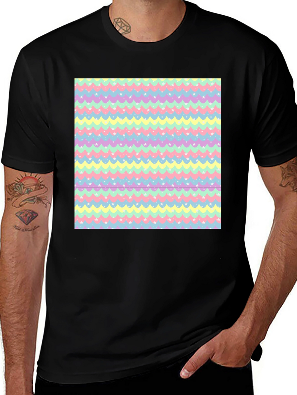 Pastel Waves & Stars Black Tee