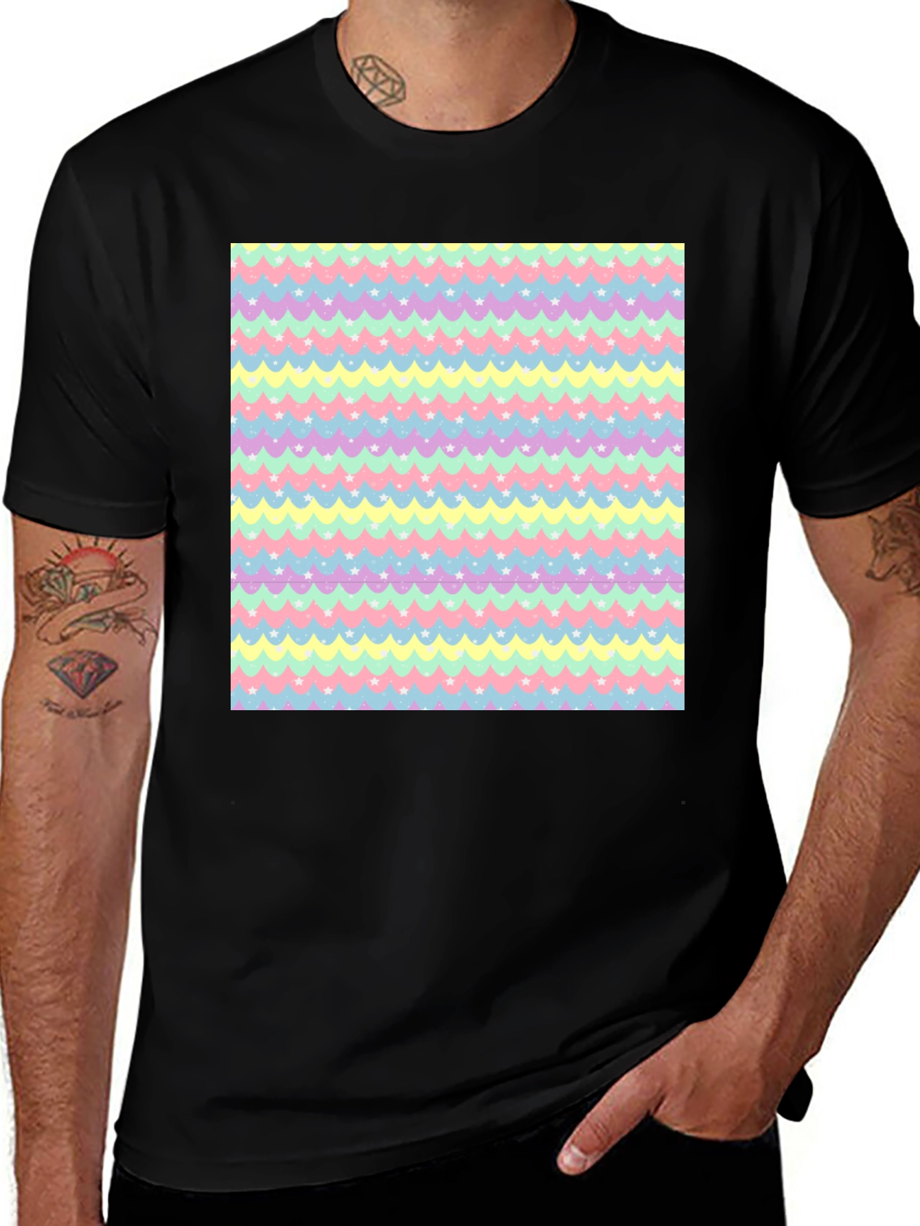Pastel Waves & Stars Black Tee
