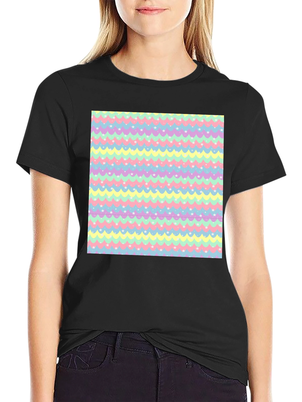 Pastel Waves & Stars Black Tee