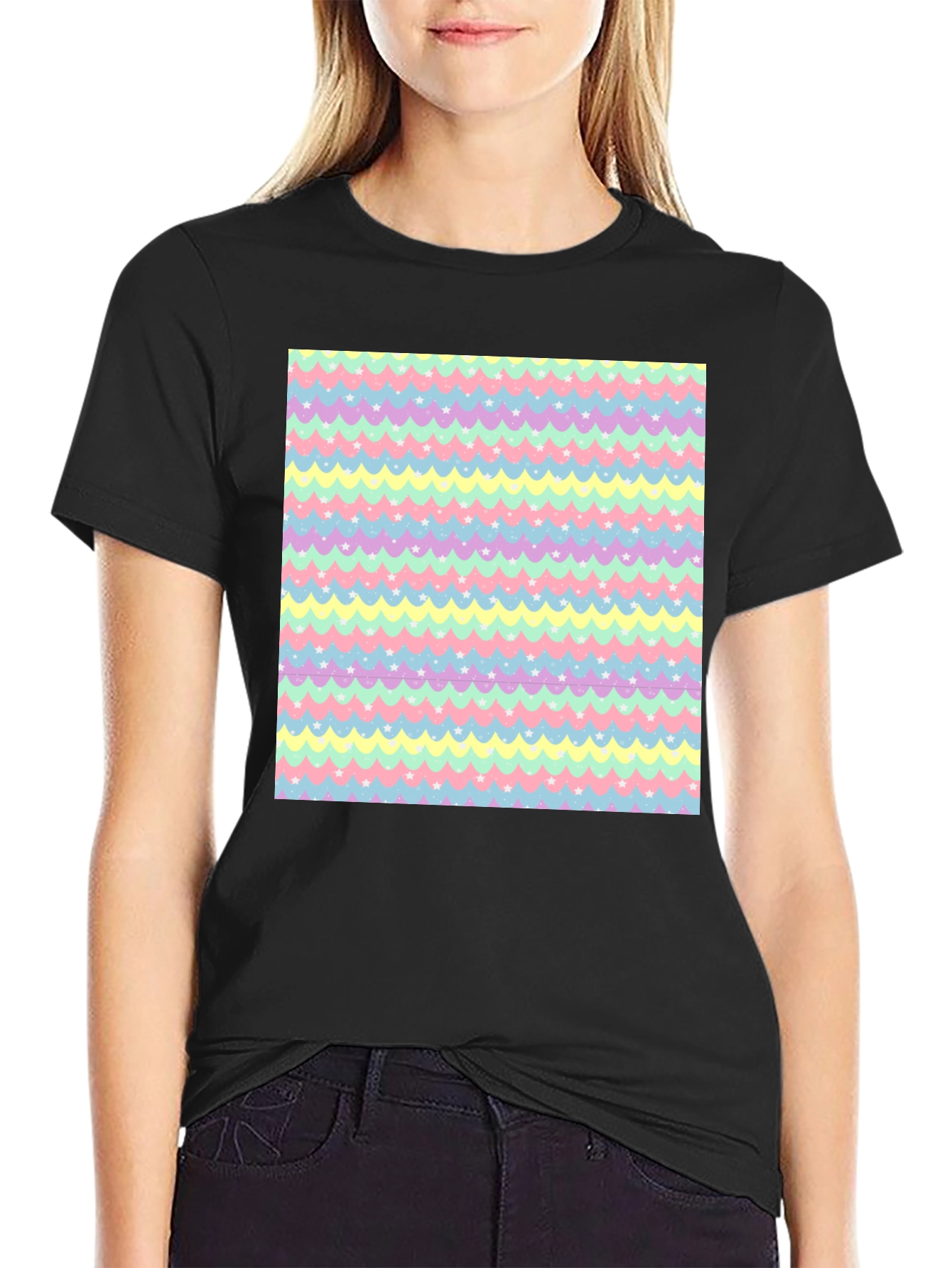 Pastel Waves & Stars Black Tee