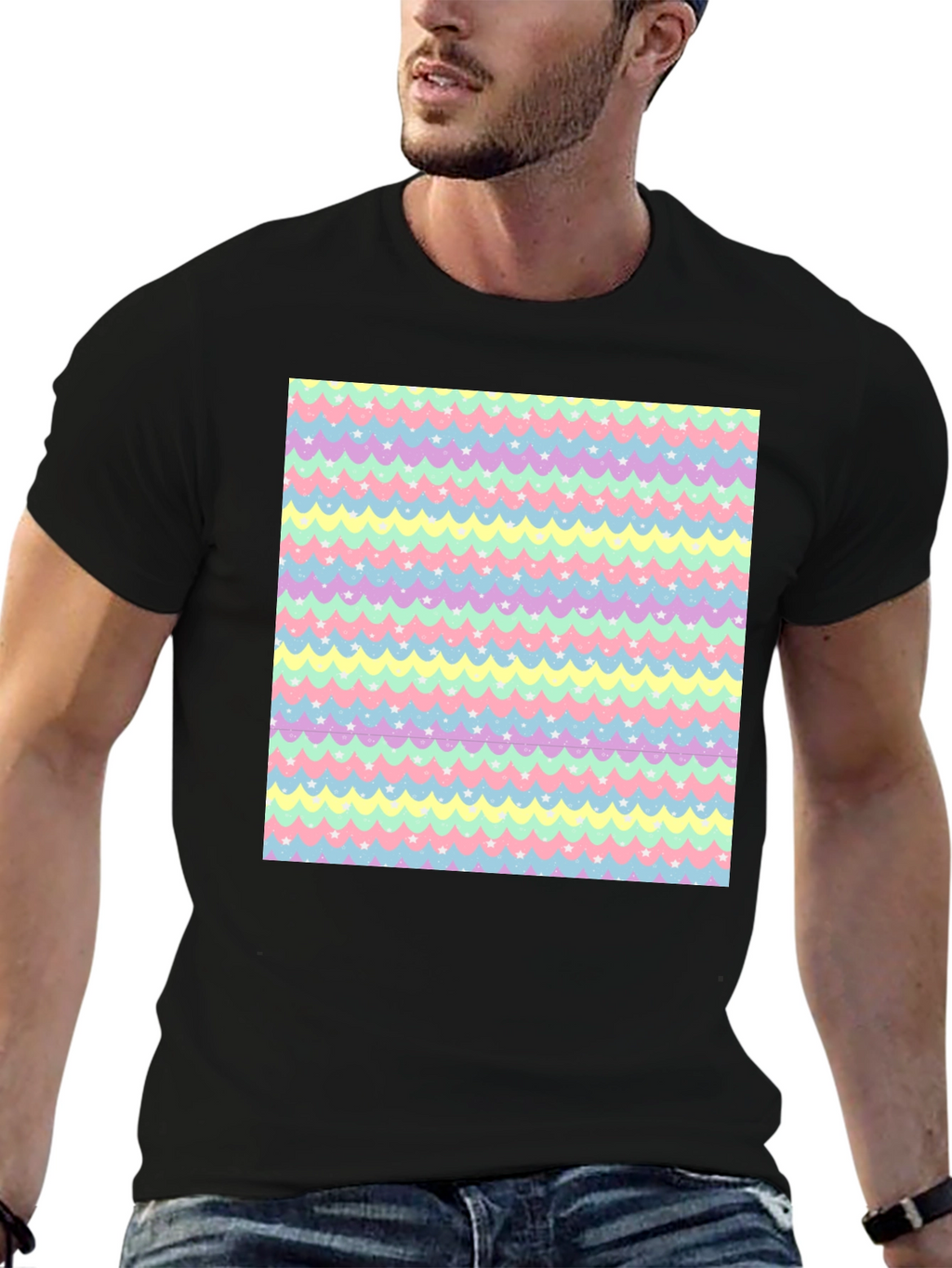 Pastel Waves & Stars Black Tee