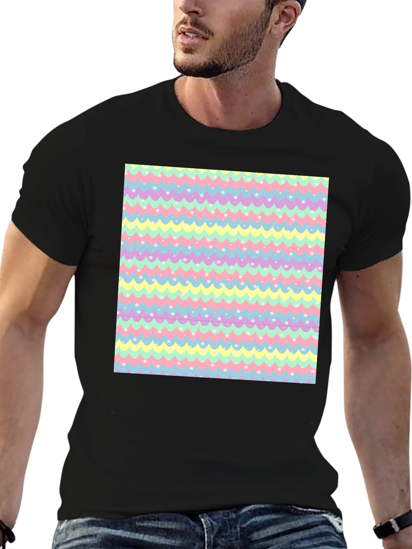 Pastel Waves & Stars Black Tee