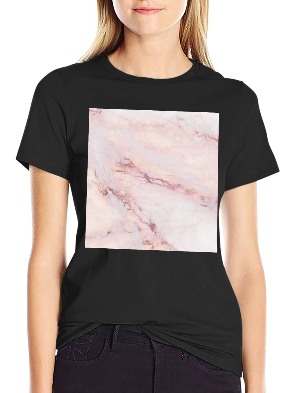 Rose Marble Print Black T-Shirt