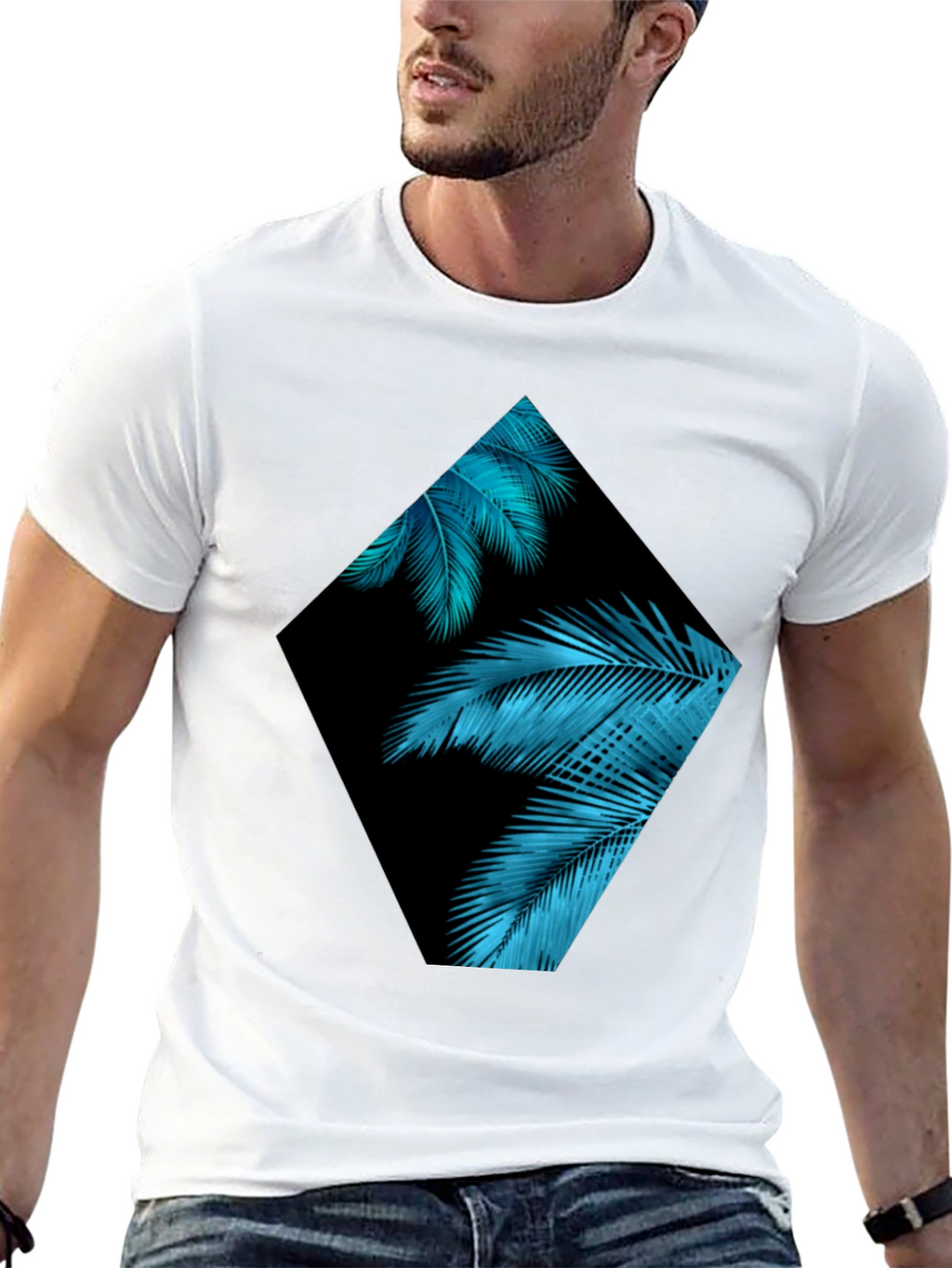 Tropical Teal Palms Graphic Black T-Shirt