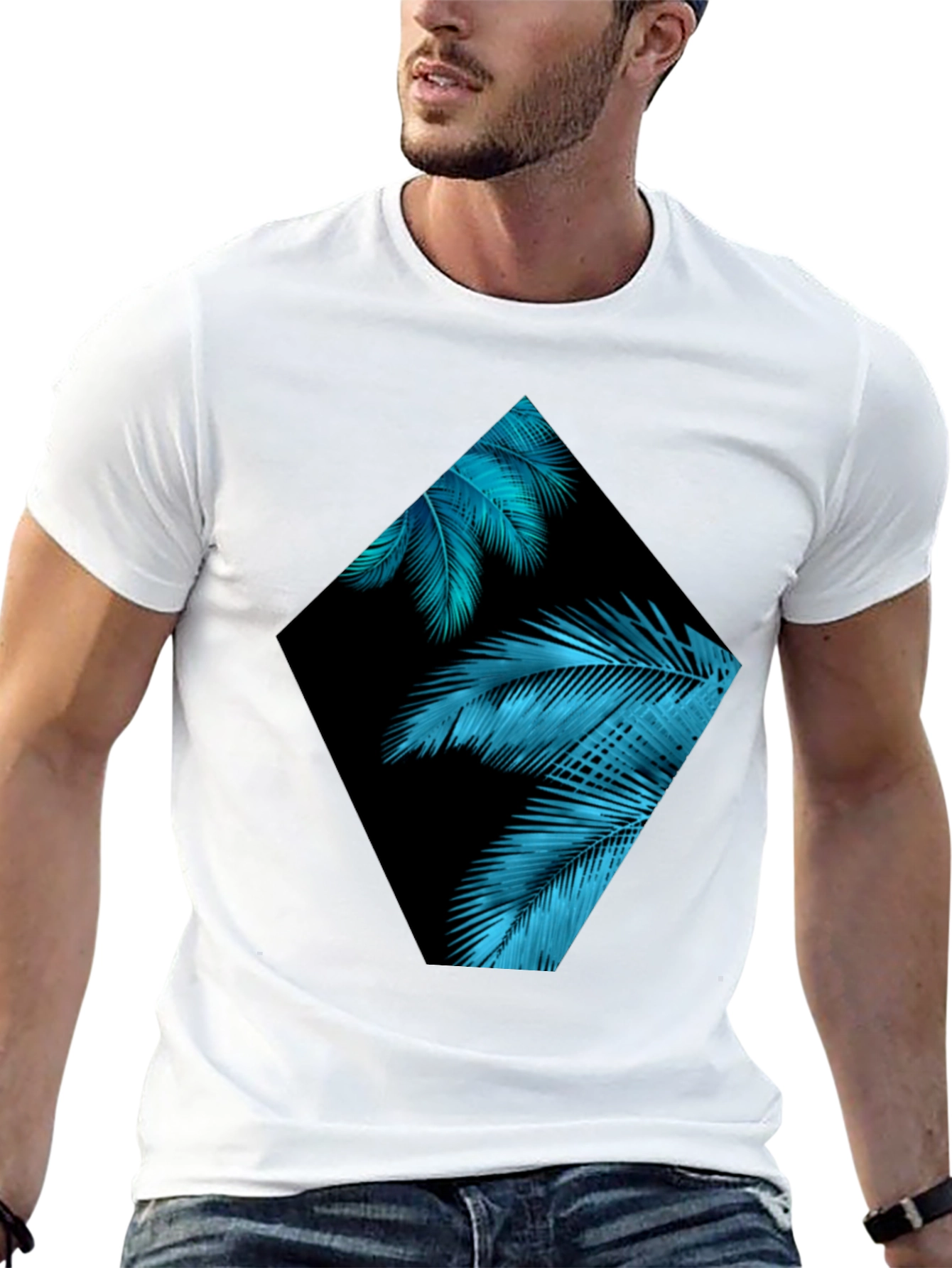 Tropical Teal Palms Graphic Black T-Shirt