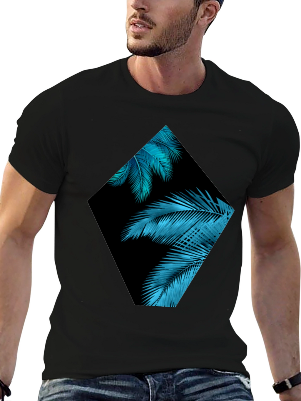 Tropical Teal Palms Graphic Black T-Shirt