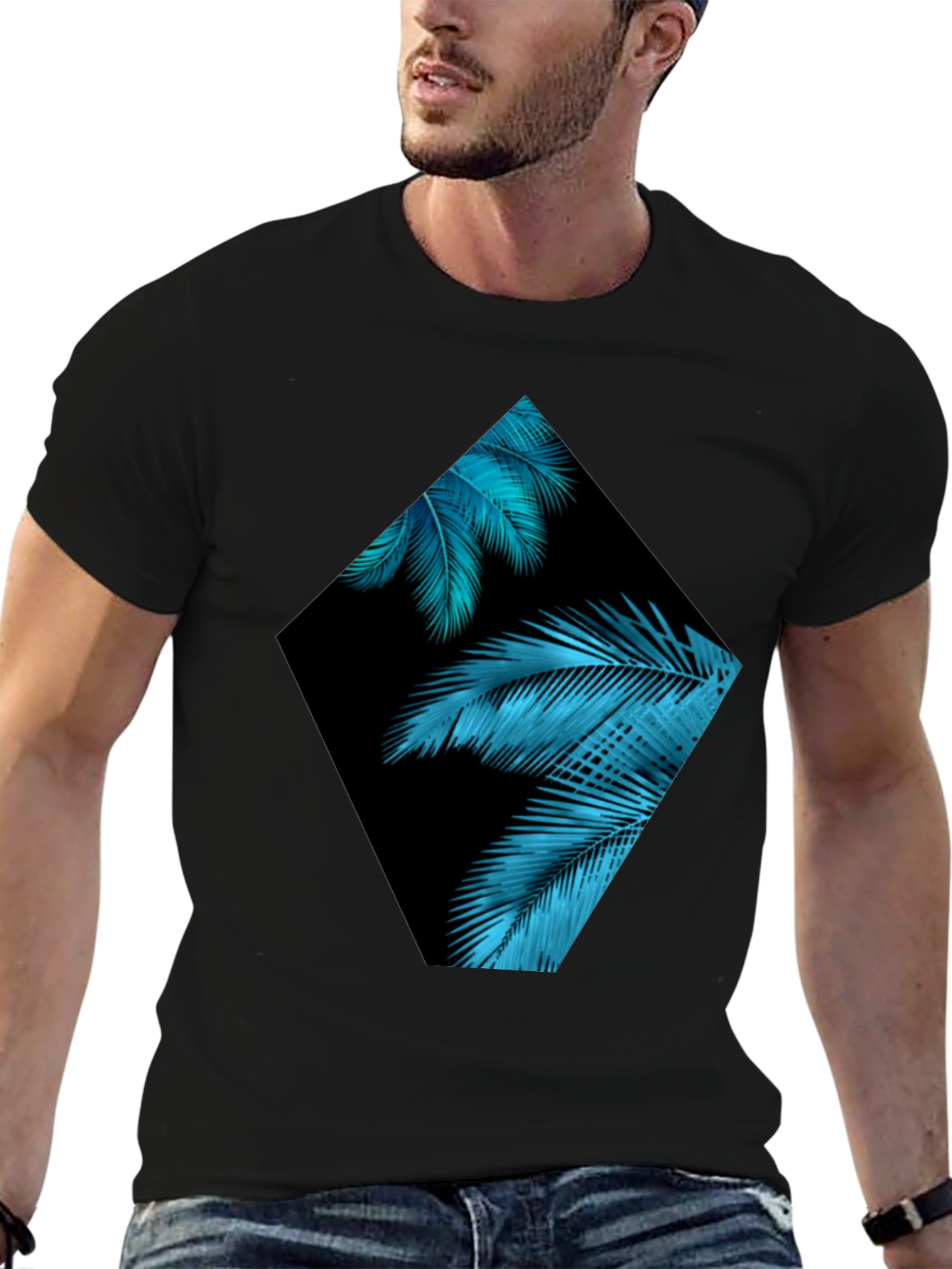 Tropical Teal Palms Graphic Black T-Shirt
