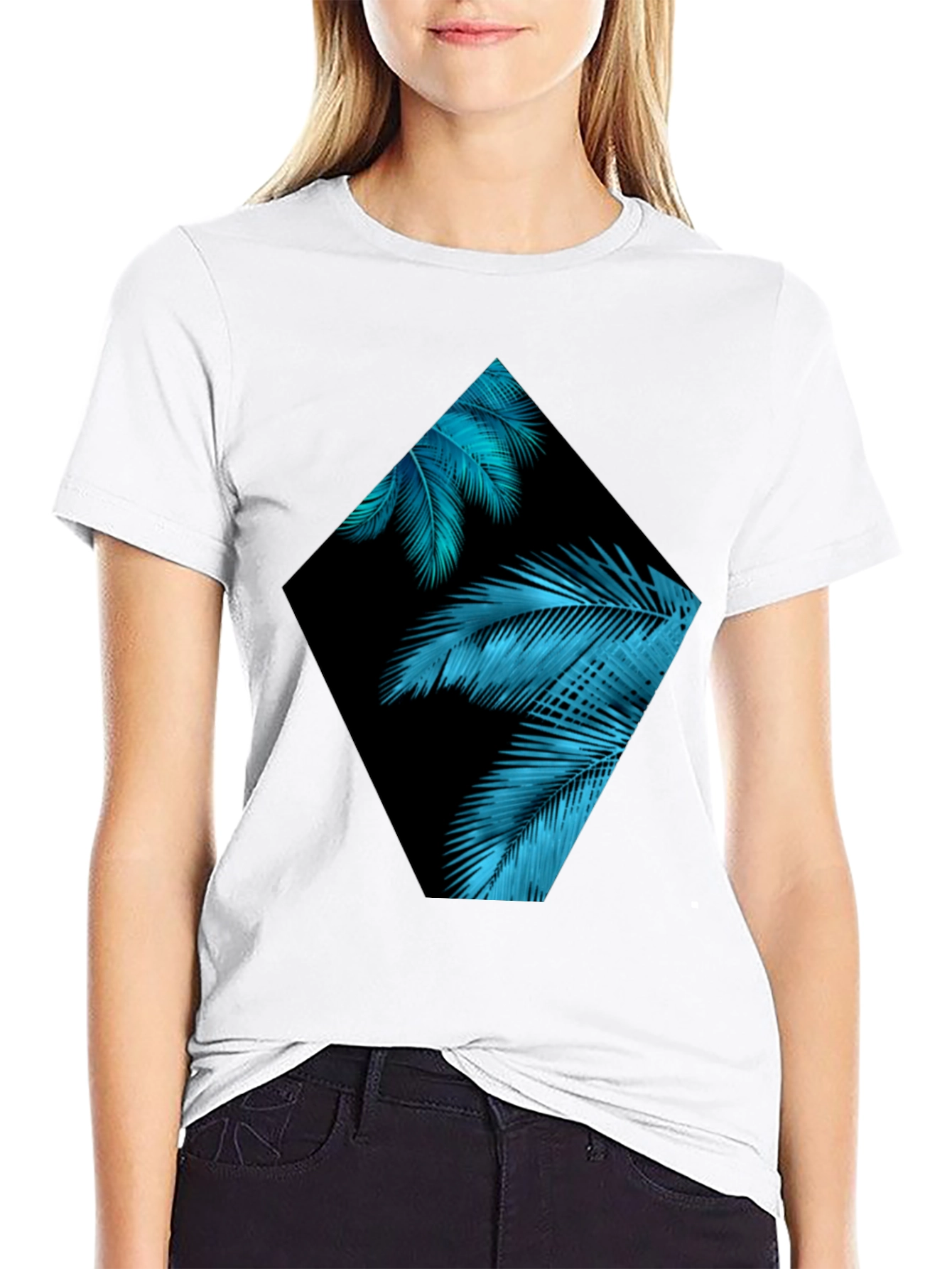 Tropical Teal Palms Graphic Black T-Shirt