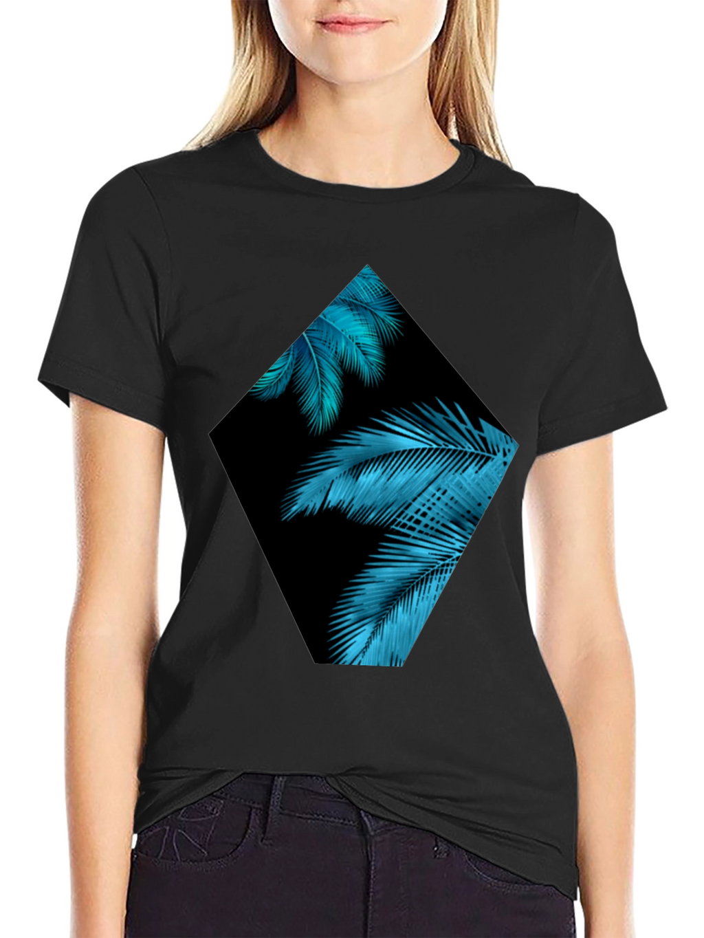Tropical Teal Palms Graphic Black T-Shirt