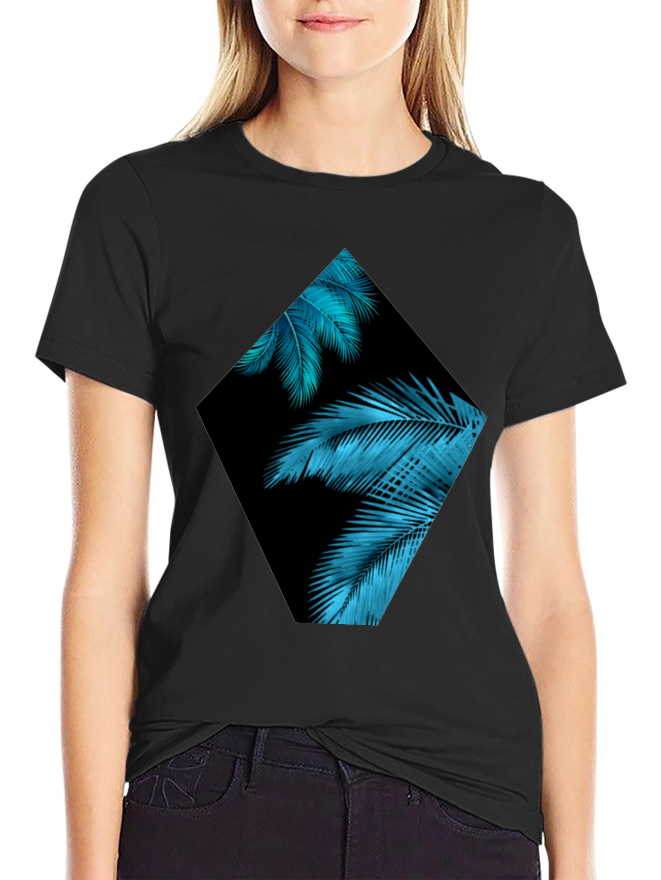 Tropical Teal Palms Graphic Black T-Shirt
