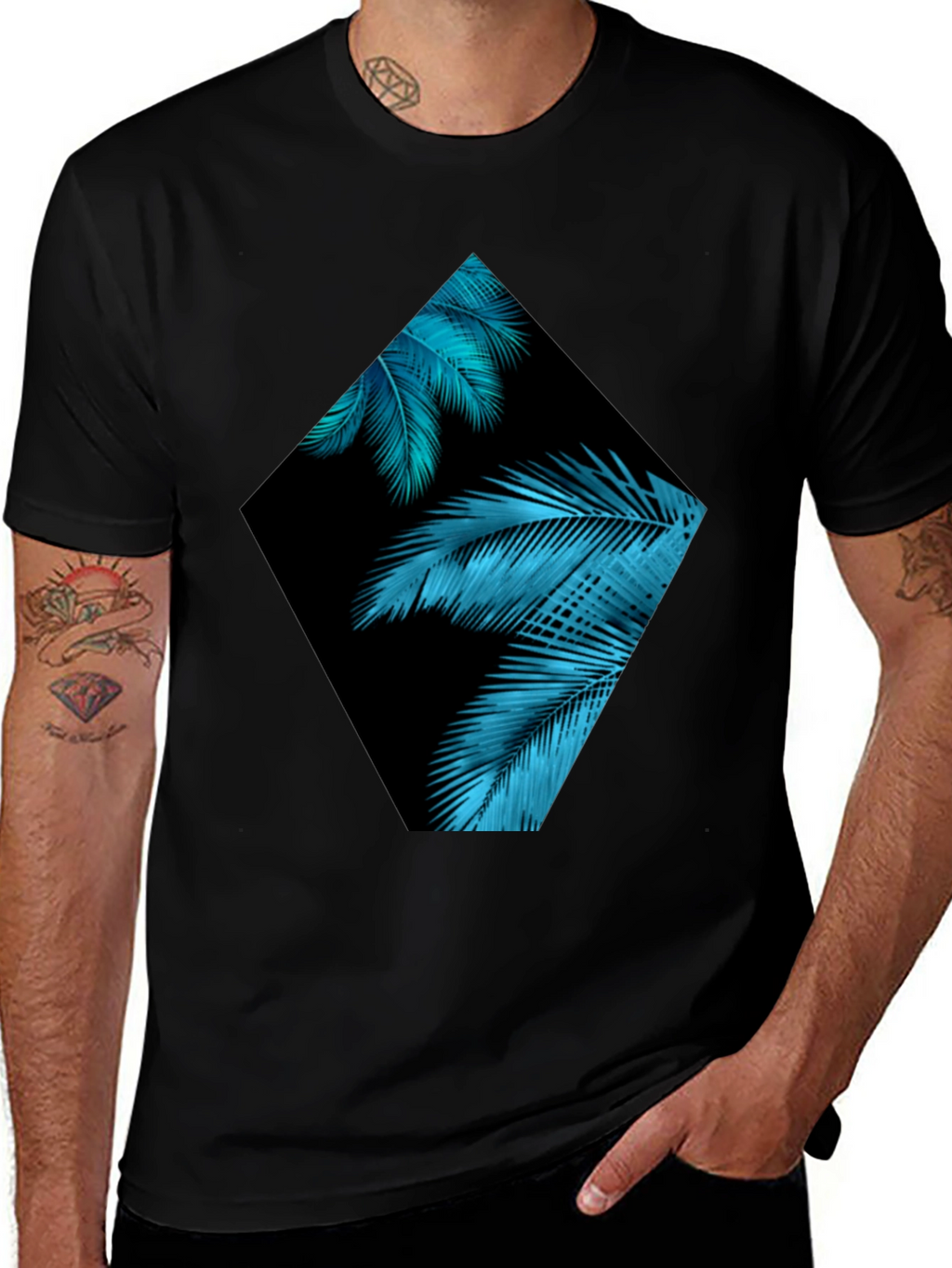 Tropical Teal Palms Graphic Black T-Shirt