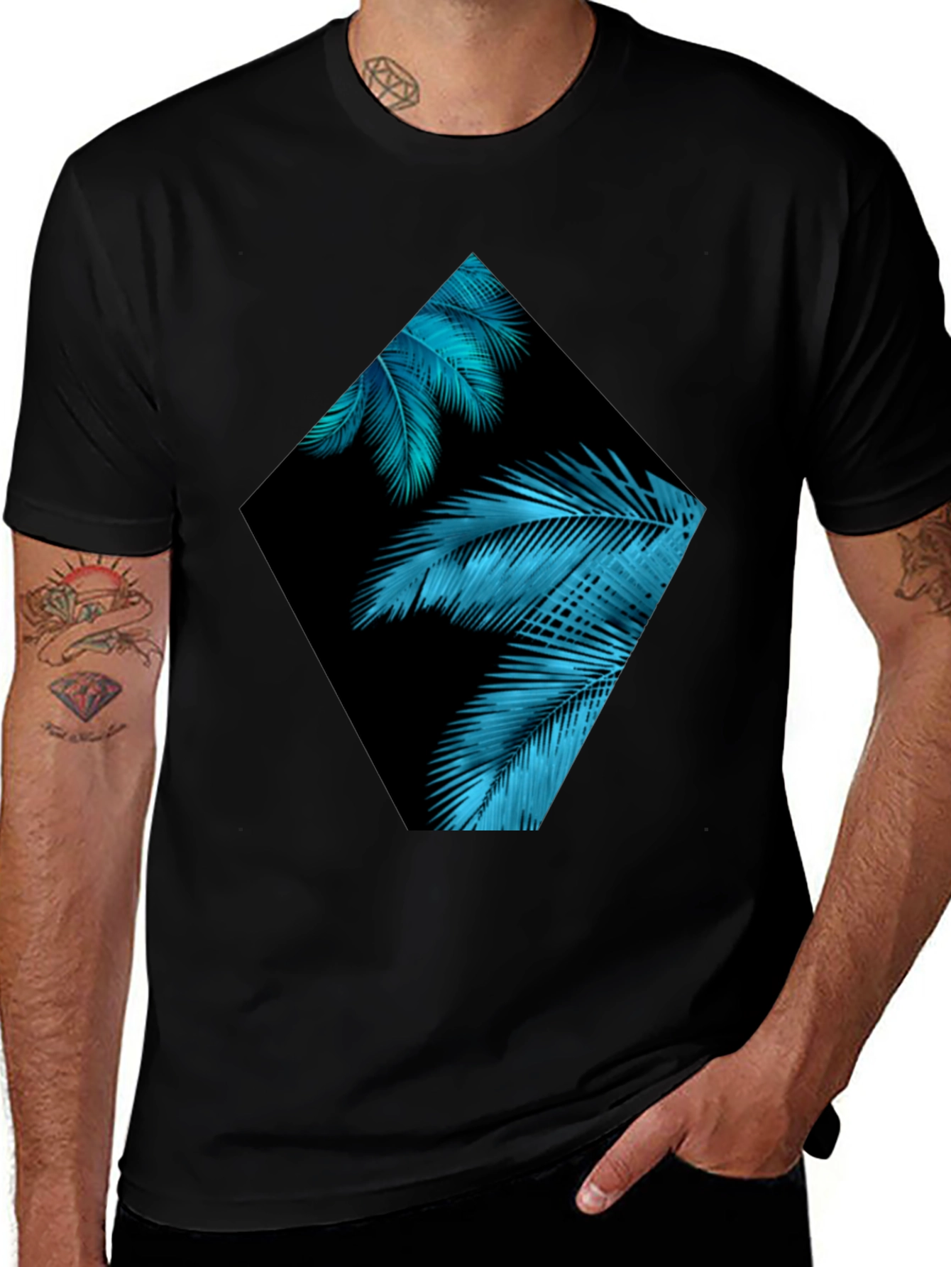Tropical Teal Palms Graphic Black T-Shirt