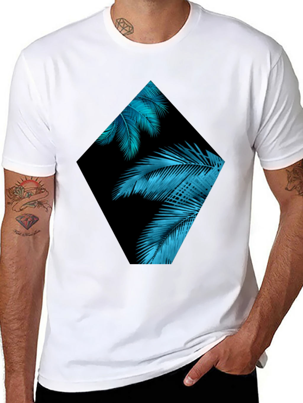 Tropical Teal Palms Graphic Black T-Shirt