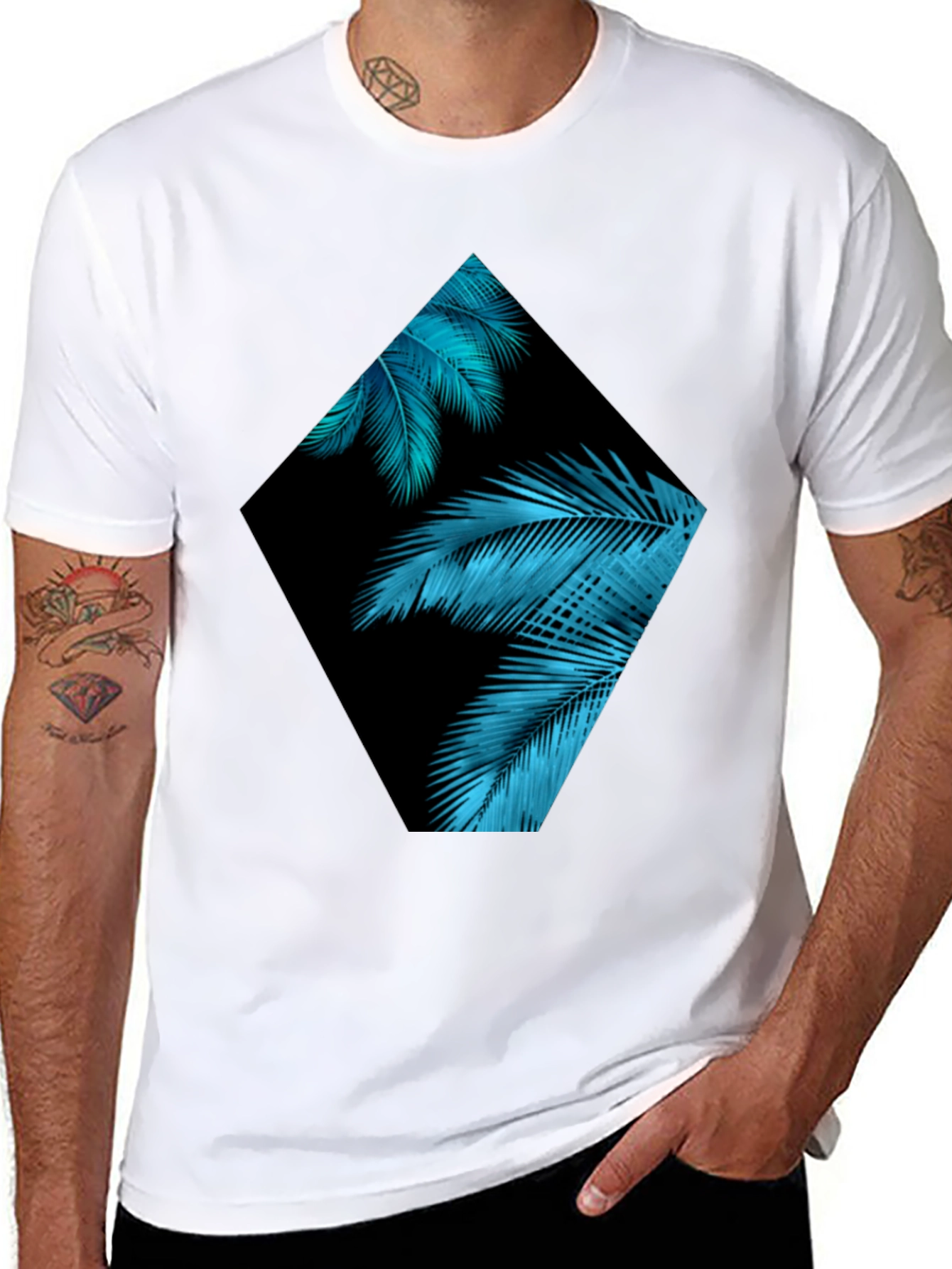 Tropical Teal Palms Graphic Black T-Shirt