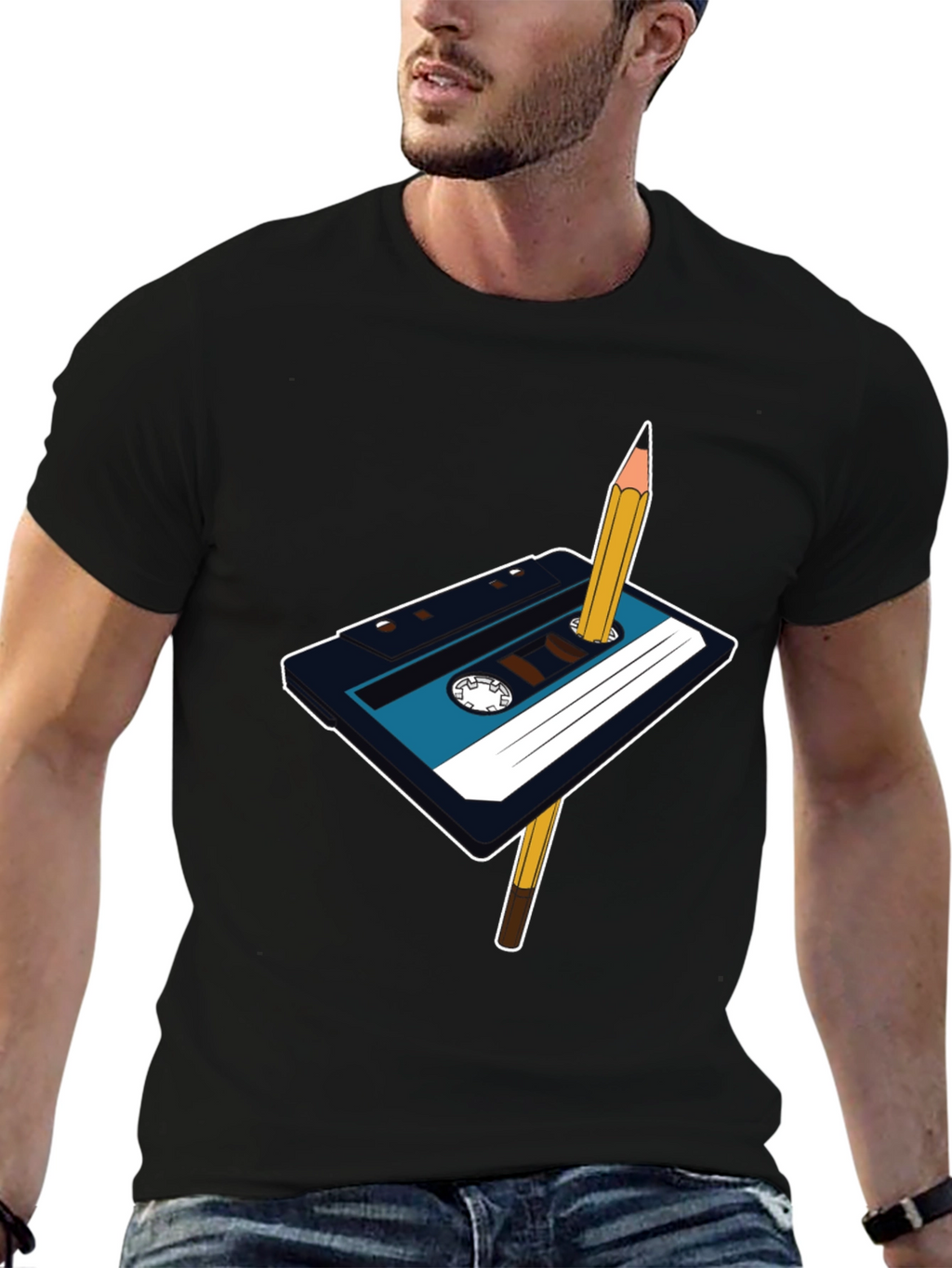 Retro Cassette Tape & Pencil Graphic T-Shirt
