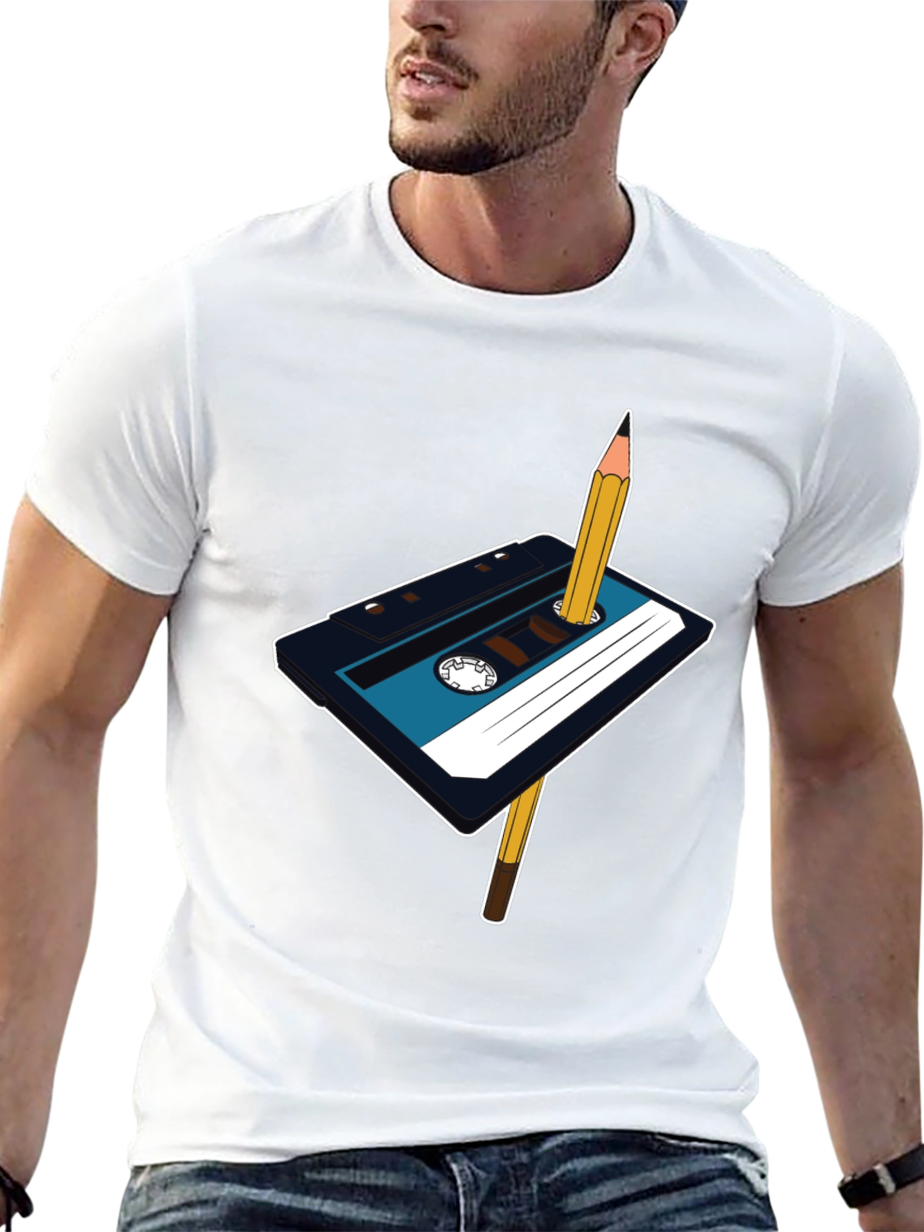 Retro Cassette Tape & Pencil Graphic T-Shirt