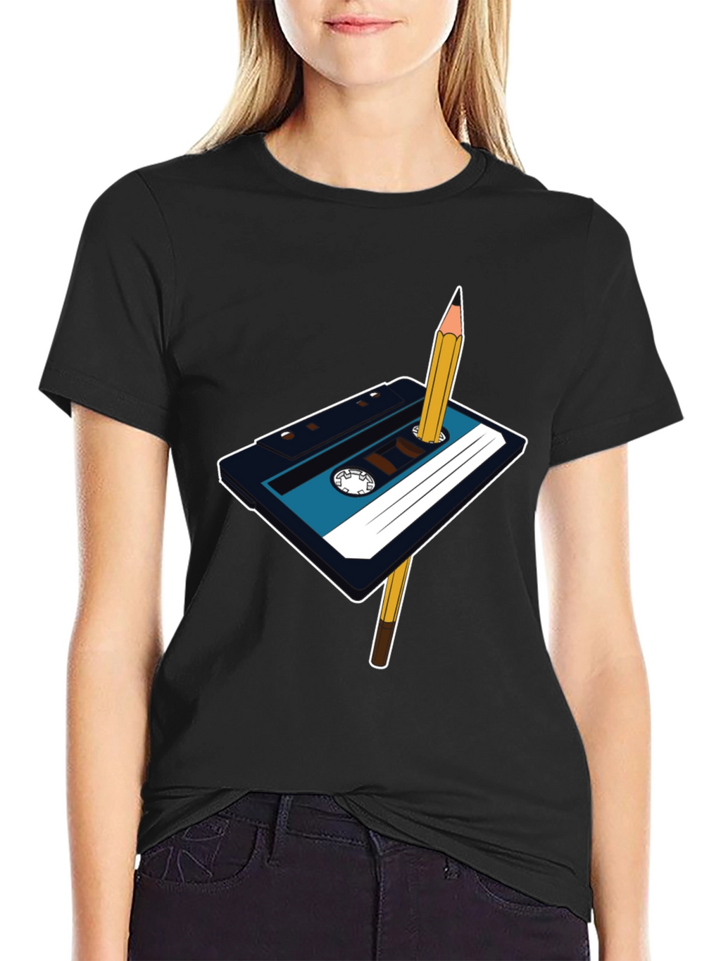 Retro Cassette Tape & Pencil Graphic T-Shirt