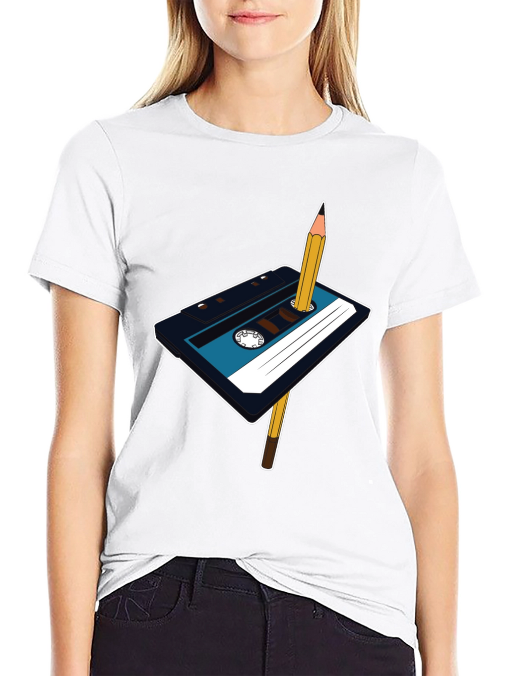 Retro Cassette Tape & Pencil Graphic T-Shirt