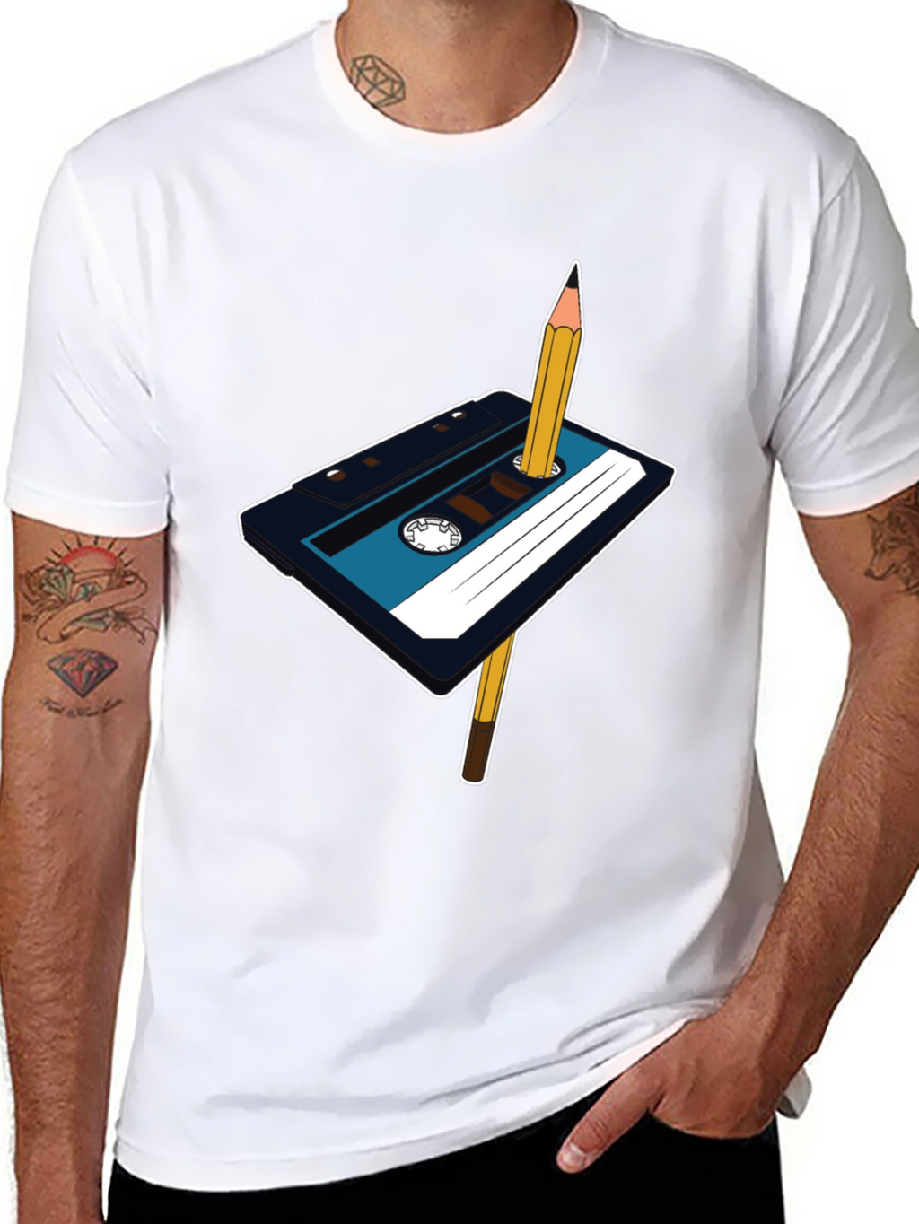 Retro Cassette Tape & Pencil Graphic T-Shirt